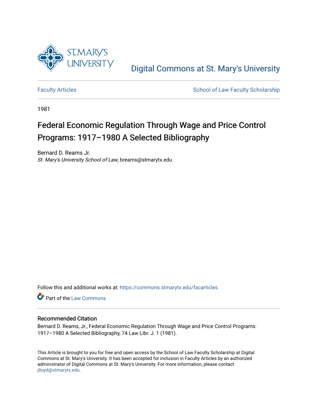 Federal Economic Regulation Through Wage and Price Control Programs: 1917–1980 a Selected Bibliography