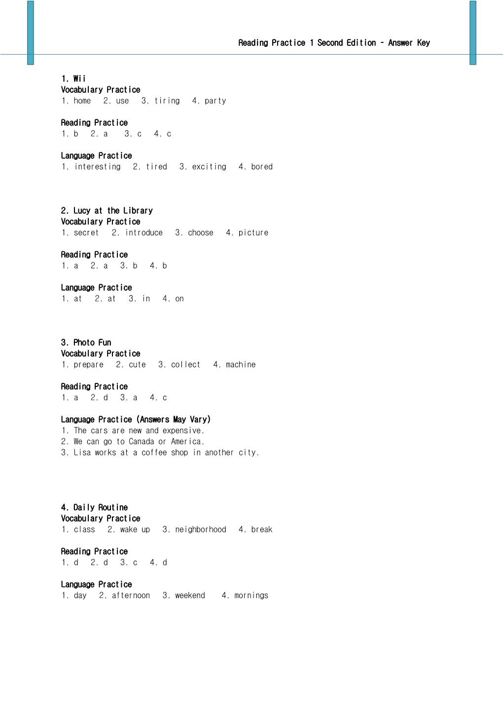 Reading Practice 1 Second Edition Answer Key