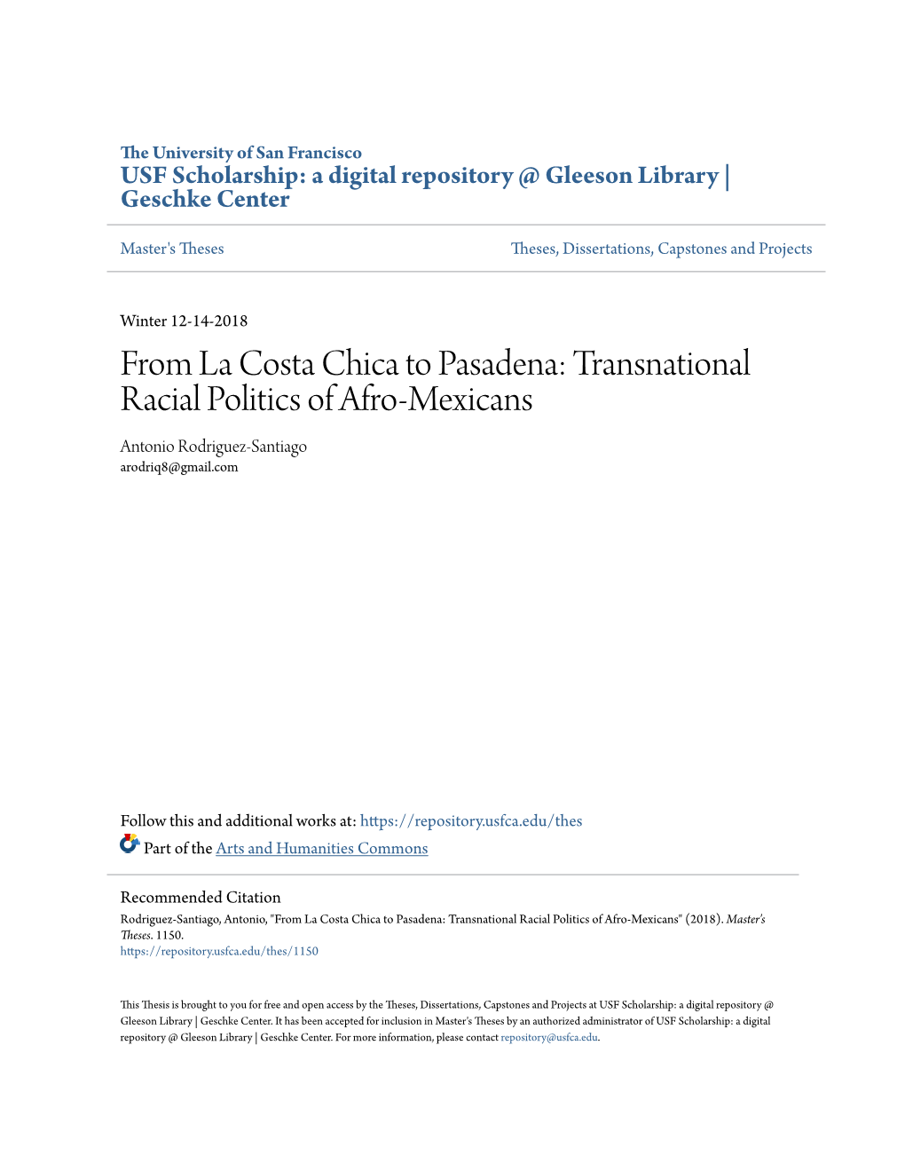 From La Costa Chica to Pasadena: Transnational Racial Politics of Afro-Mexicans Antonio Rodriguez-Santiago Arodriq8@Gmail.Com