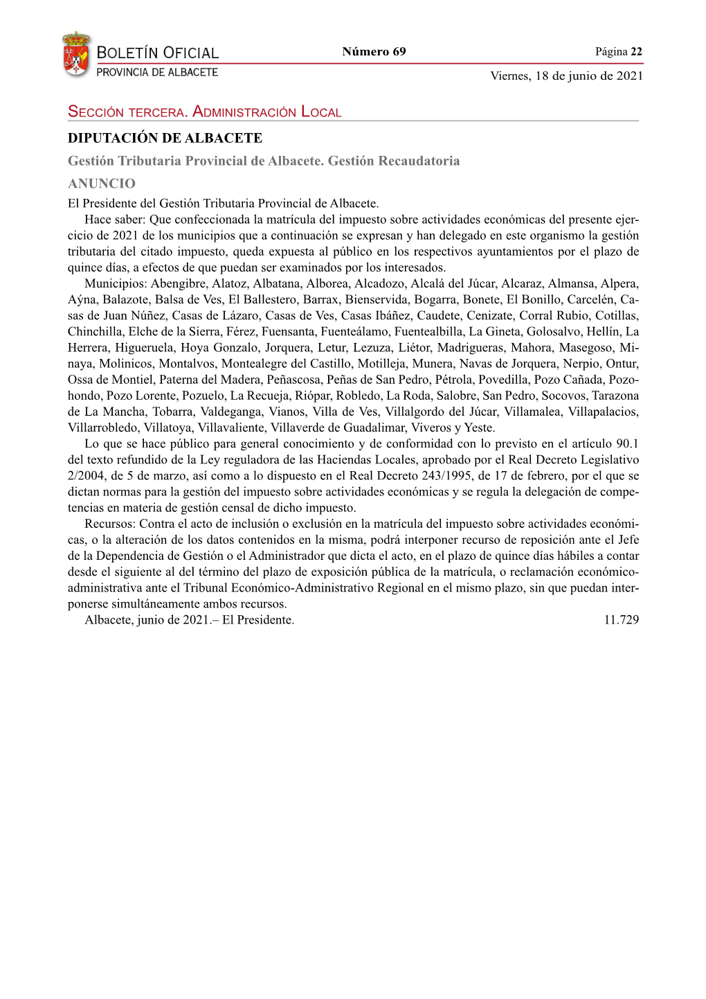 Diputación De Albacete Gestión Tributaria Provincial De Albacete. Gestión Recaudatoria ANUNCIO El Presidente Del Gestión Tributaria Provincial De Albacete