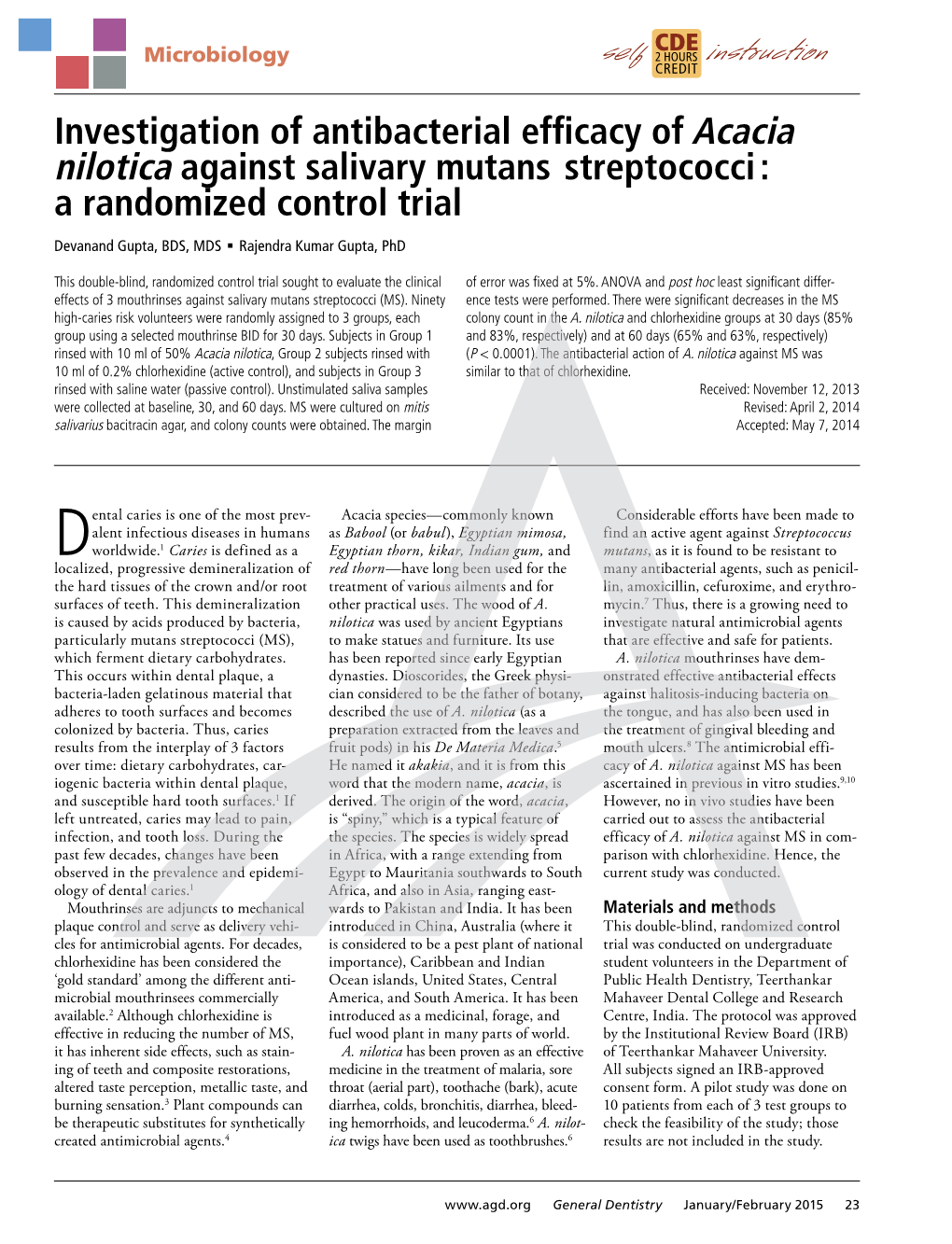 Investigation of Antibacterial Efficacy of Acacia Nilotica Against Salivary Mutans Streptococci: a Randomized Control Trial