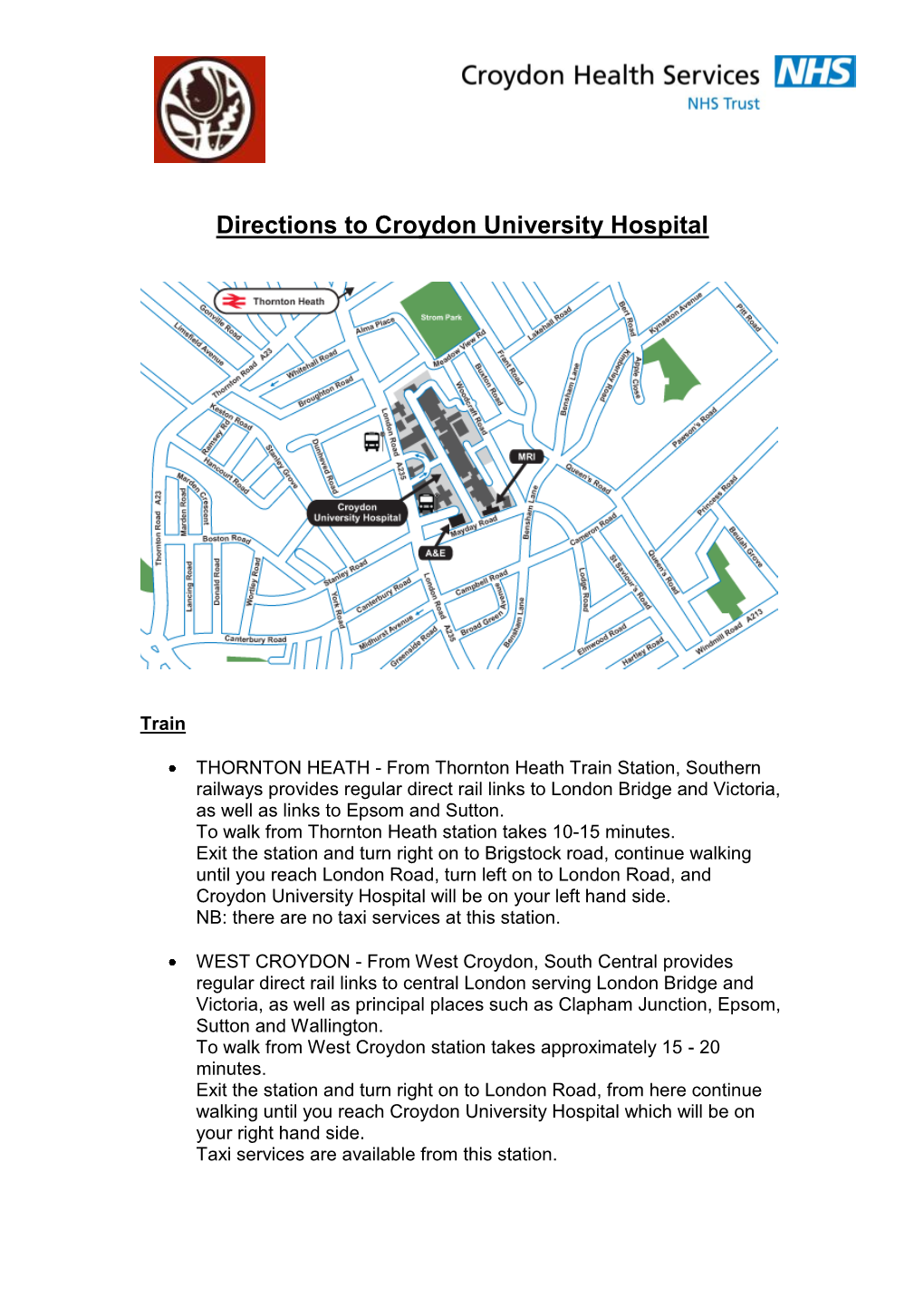 Directions to Croydon University Hospital