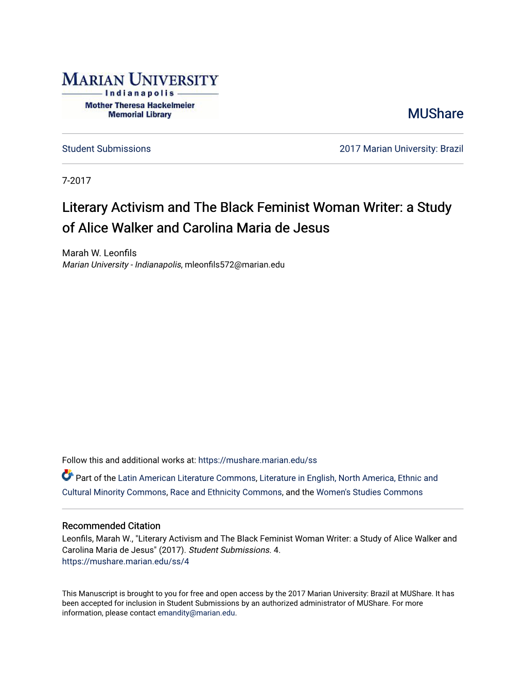 Literary Activism and the Black Feminist Woman Writer: a Study of Alice Walker and Carolina Maria De Jesus