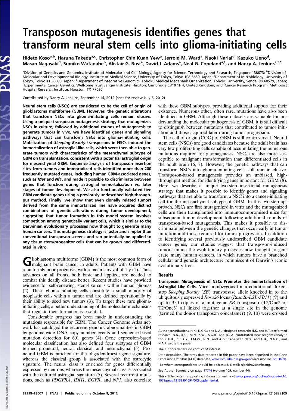 Transposon Mutagenesis Identifies Genes That Transform Neural Stem