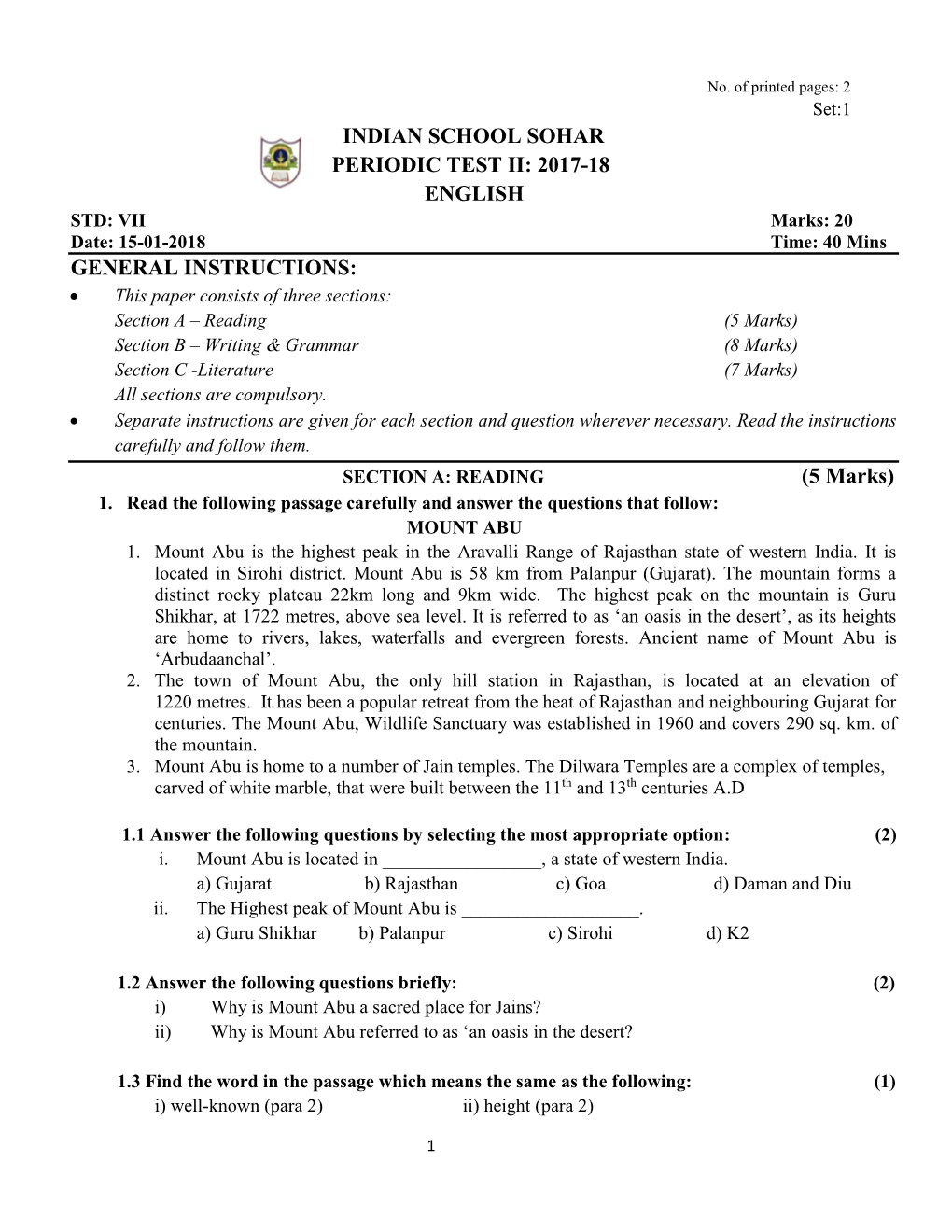 Indian School Sohar Periodic Test Ii: 2017-18 English