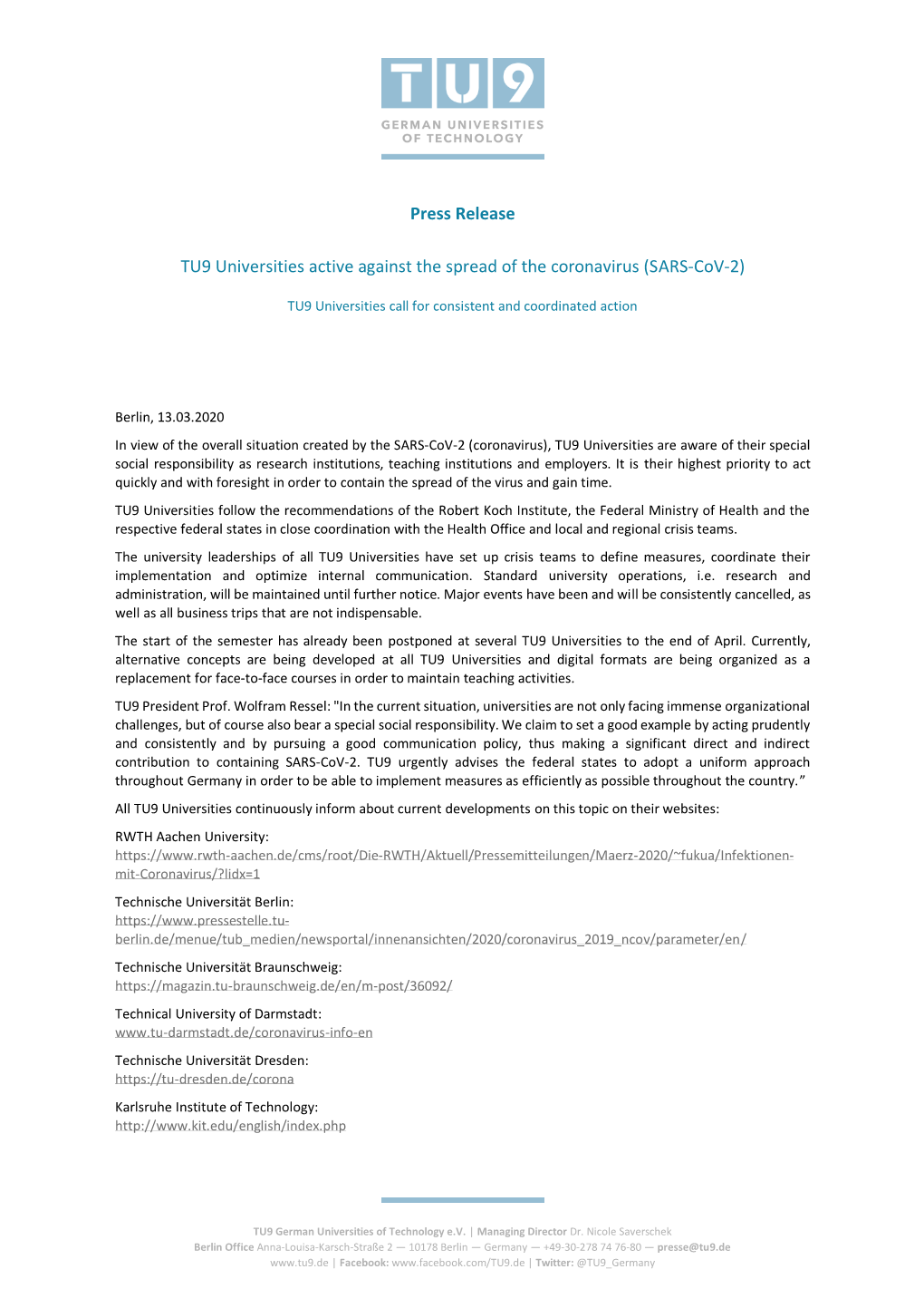 Press Release TU9 Universities Active Against the Spread of the Coronavirus