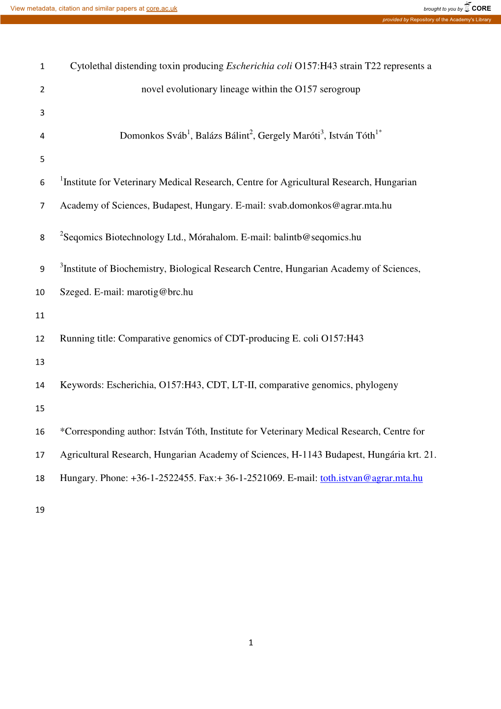 Cytolethal Distending Toxin Producing Escherichia Coli O157:H43 Strain T22 Represents A