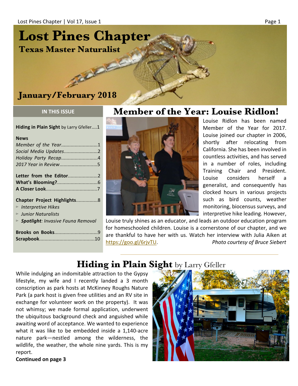 Lost Pines Chapter | Vol 17, Issue 1 Page 1 Lost Pines Chapter Texas Master Naturalist