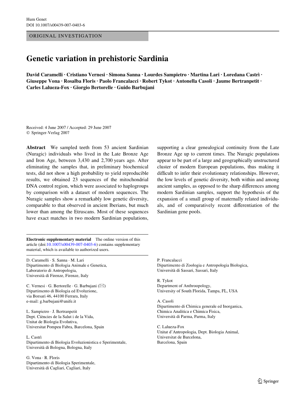 Genetic Variation in Prehistoric Sardinia