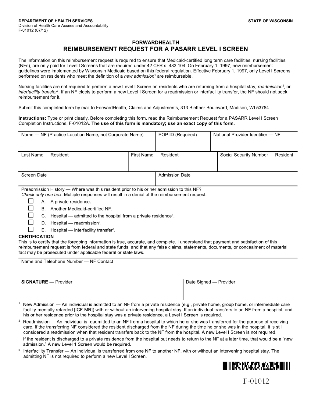 Forwardhealth Reimbursement Request For A PASARR Level I Screen.Doc