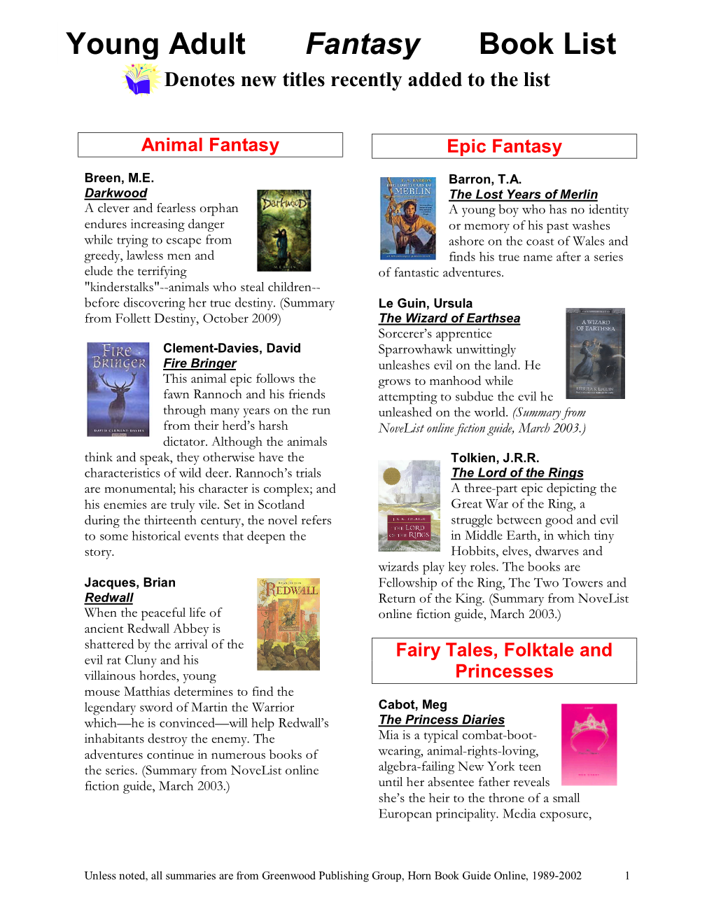 Young Adult Fantasy Book List Denotes New Titles Recently Added to the List