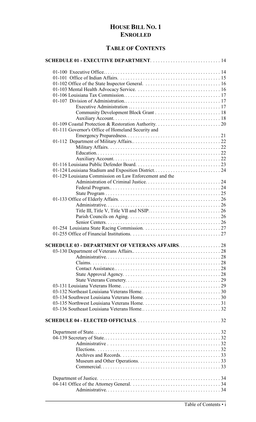 House Bill No. 1 Enrolled Table of Contents