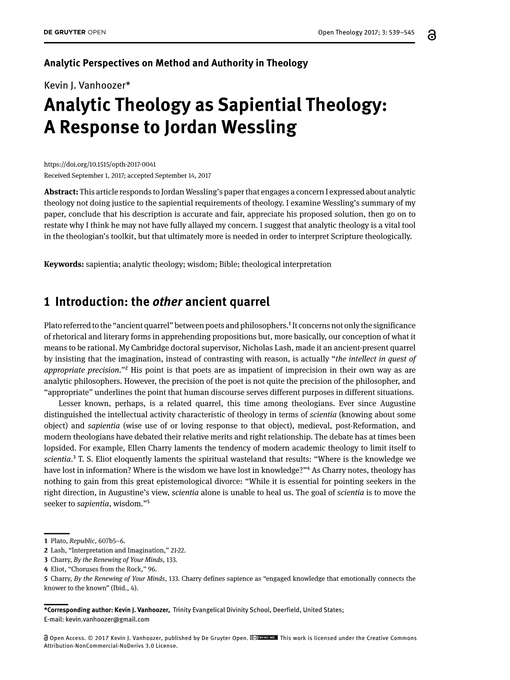 Analytic Theology As Sapiential Theology: a Response to Jordan Wessling