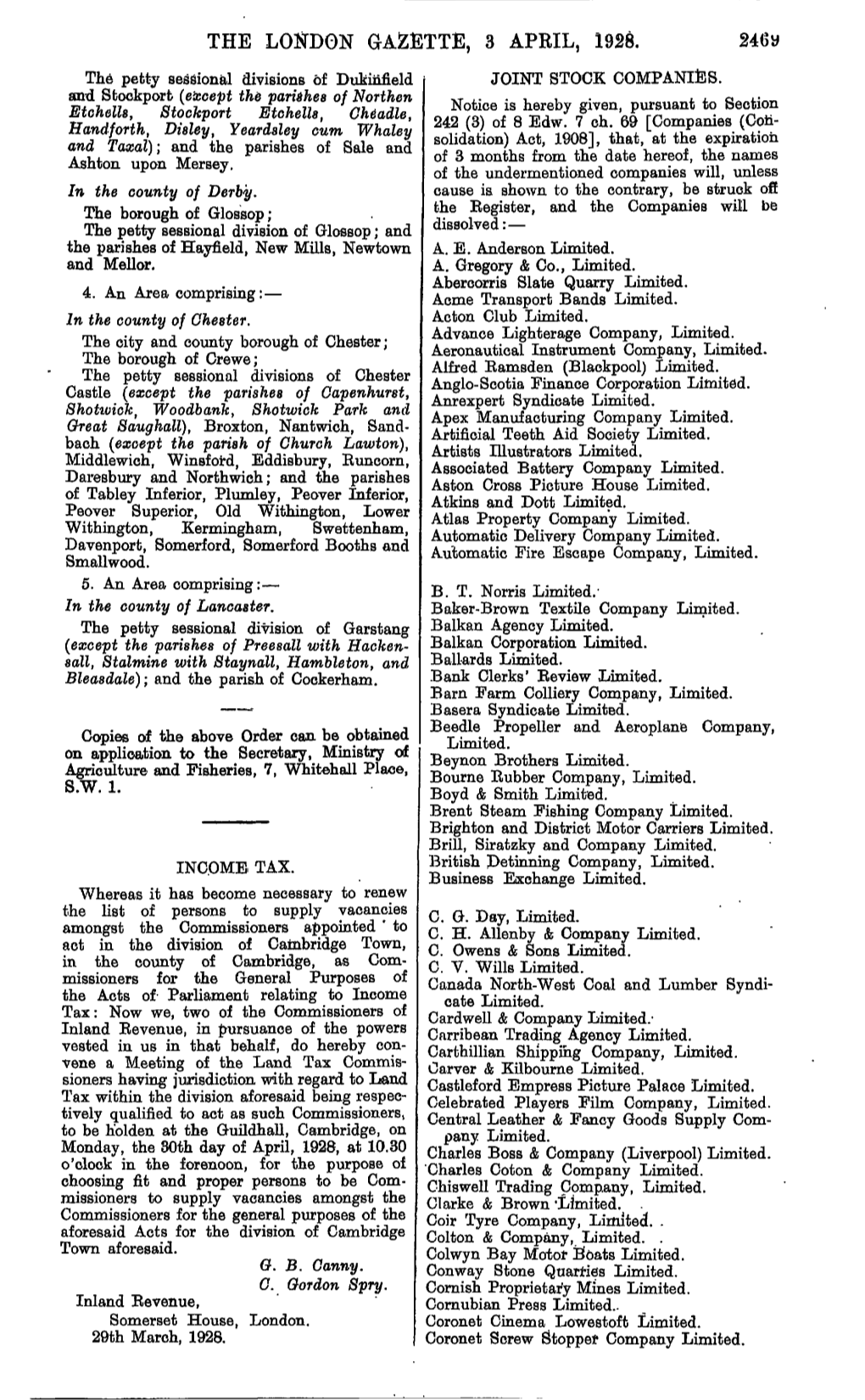 THE LONDON GAZETTE, 3 APRIL, 1928. the Petty Sessional Divisions of Dukinfield JOINT STOCK COMPANIES