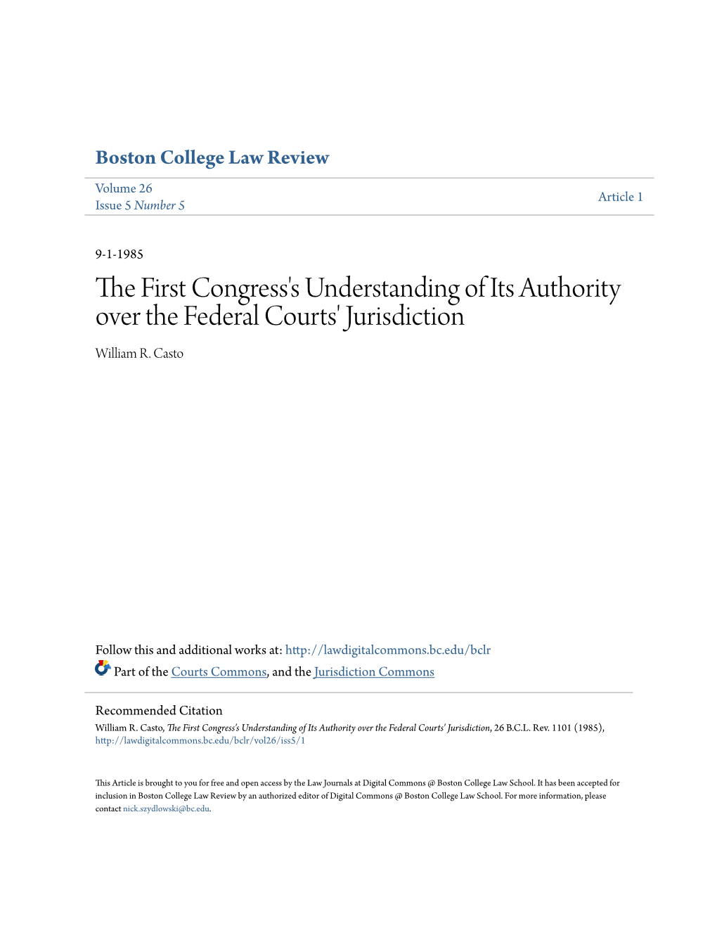 The First Congress's Understanding of Its Authority Over the Federal Courts' Jurisdiction, 26 B.C.L