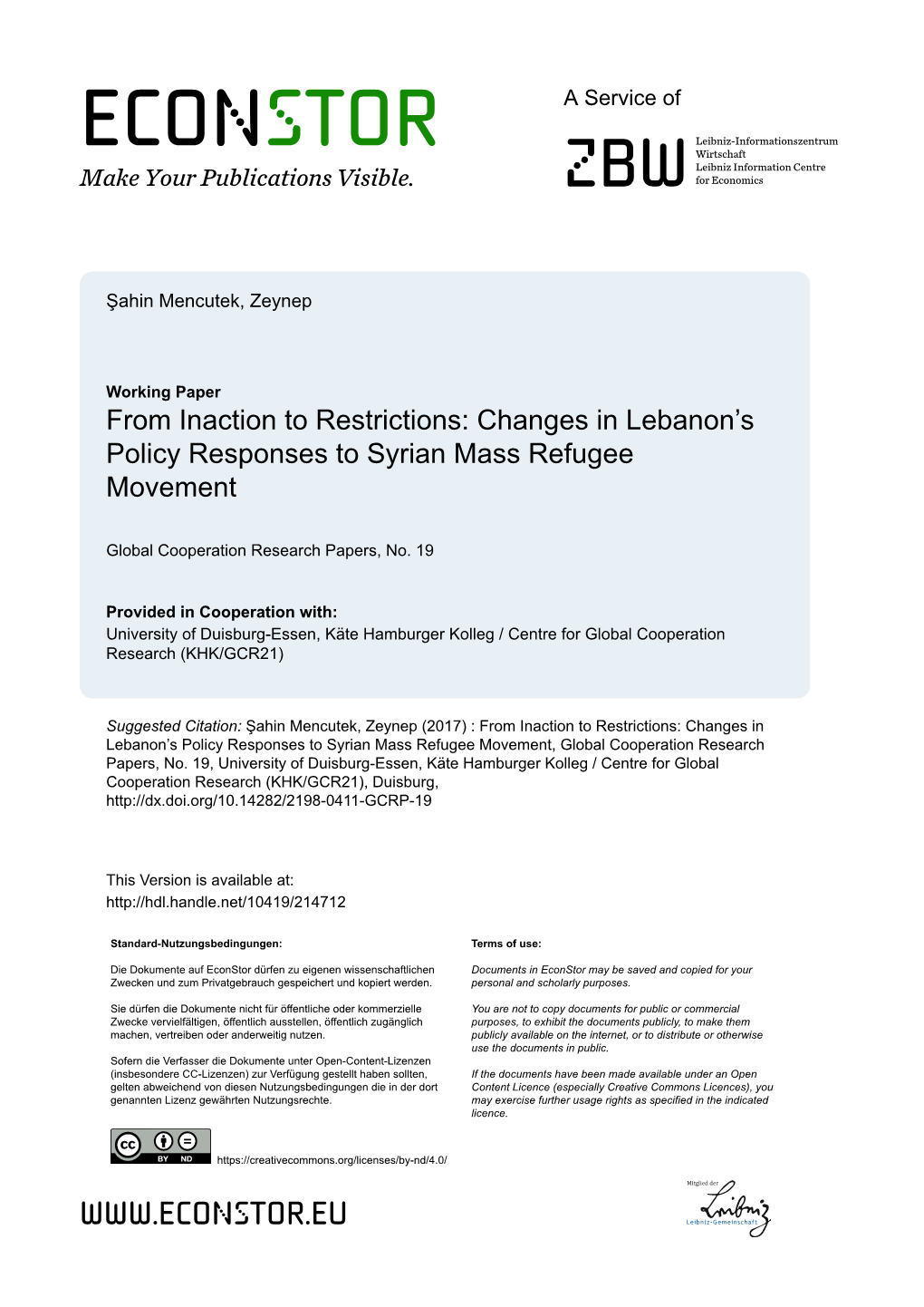 Changes in Lebanon's Policy Responses to Syrian