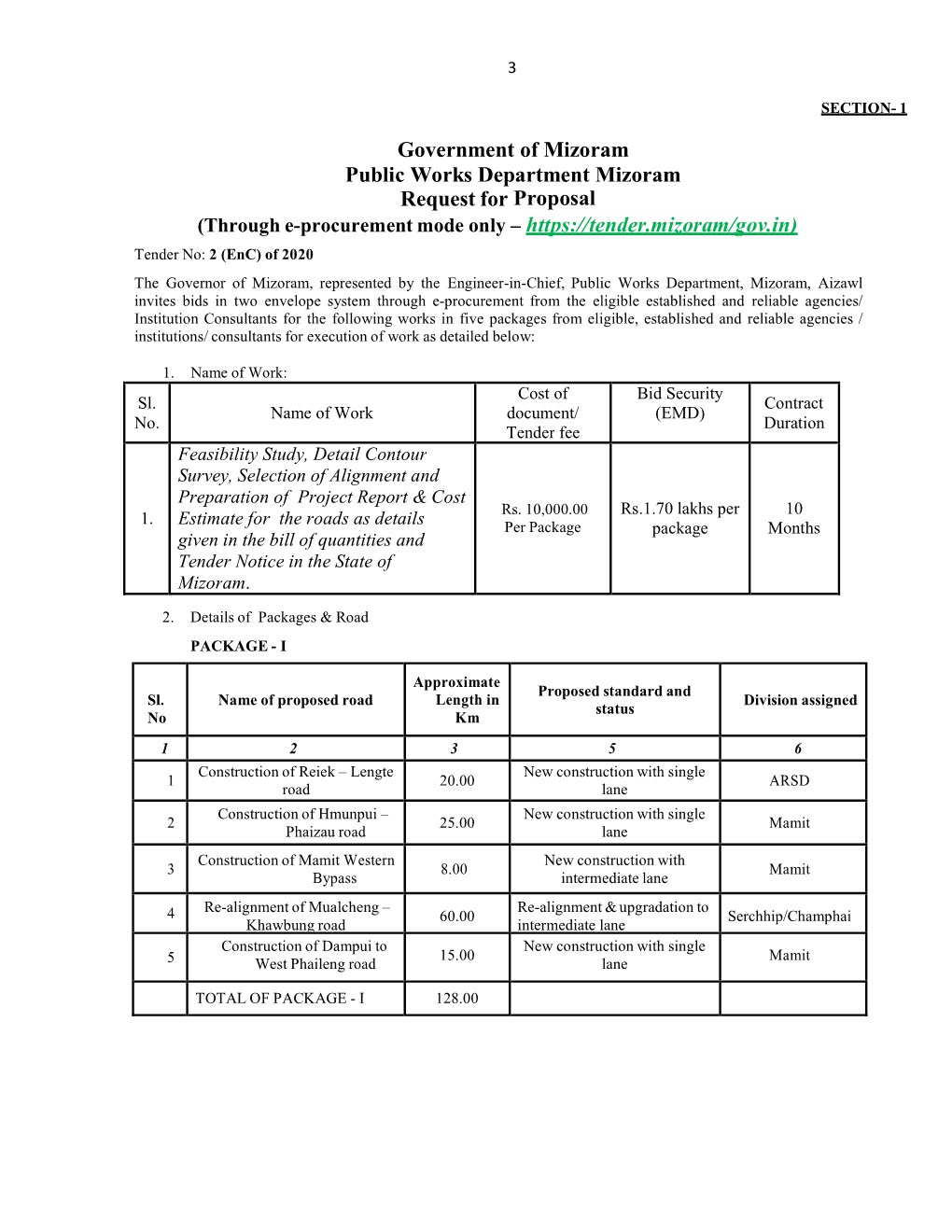 Government of Mizoram Public Works Department Mizoram Request for Proposal (Through E-Procurement Mode Only –