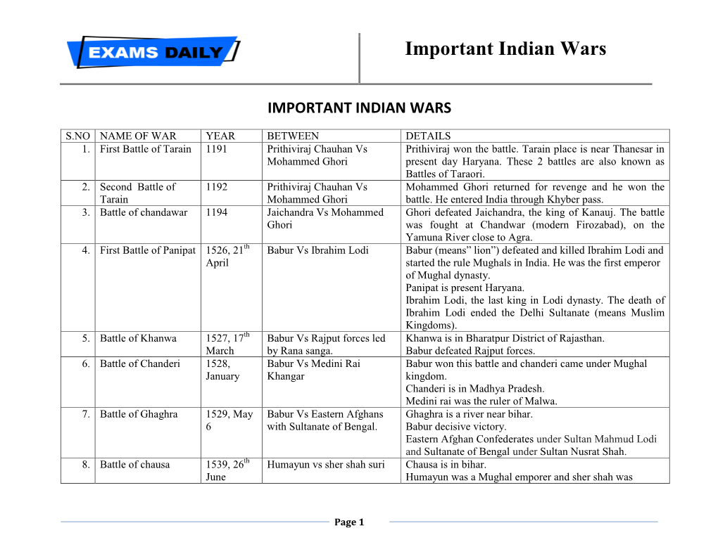 Important Indian Wars