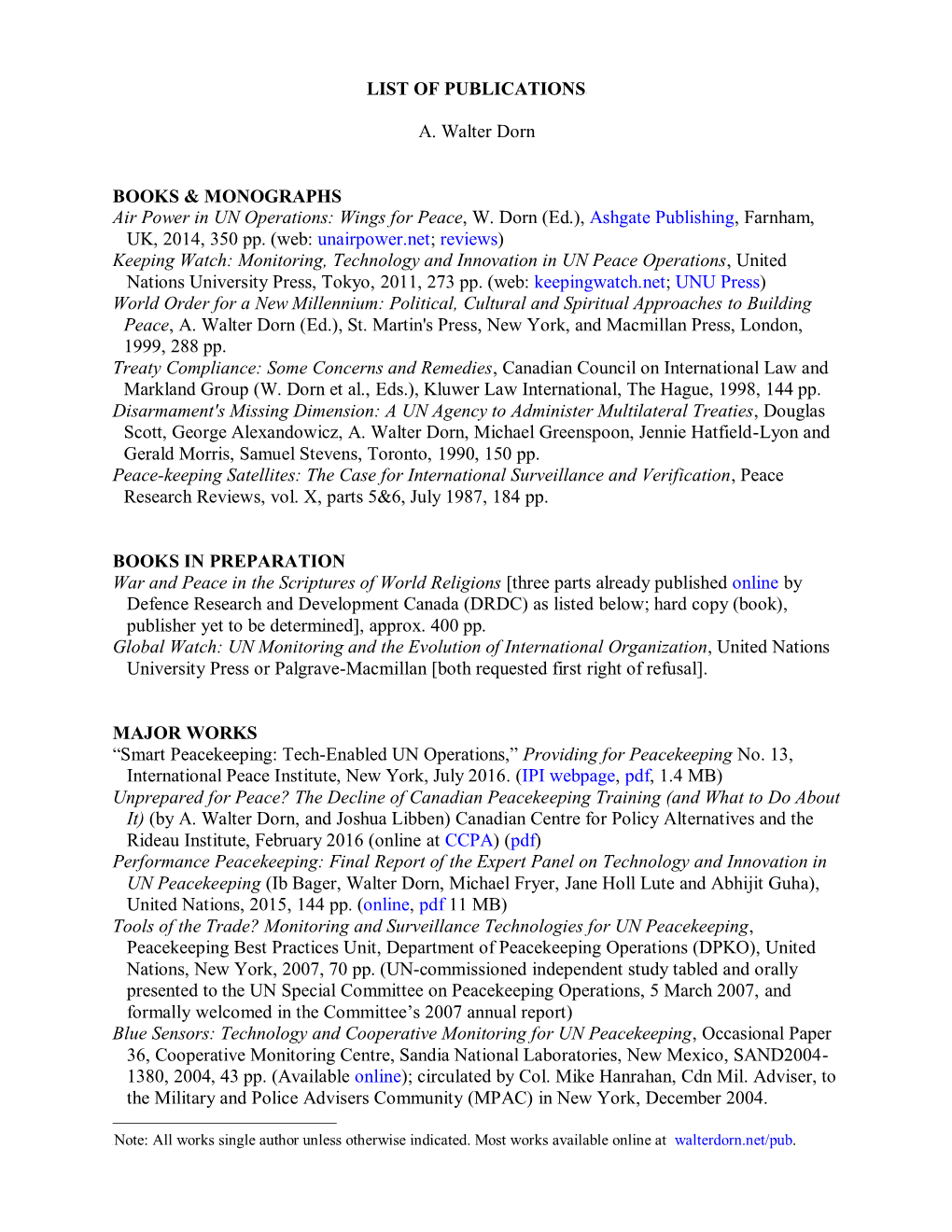 LIST of PUBLICATIONS• A. Walter Dorn BOOKS & MONOGRAPHS Air Power in UN Operations: Wings for Peace, W. Dorn (Ed.), Ashgat