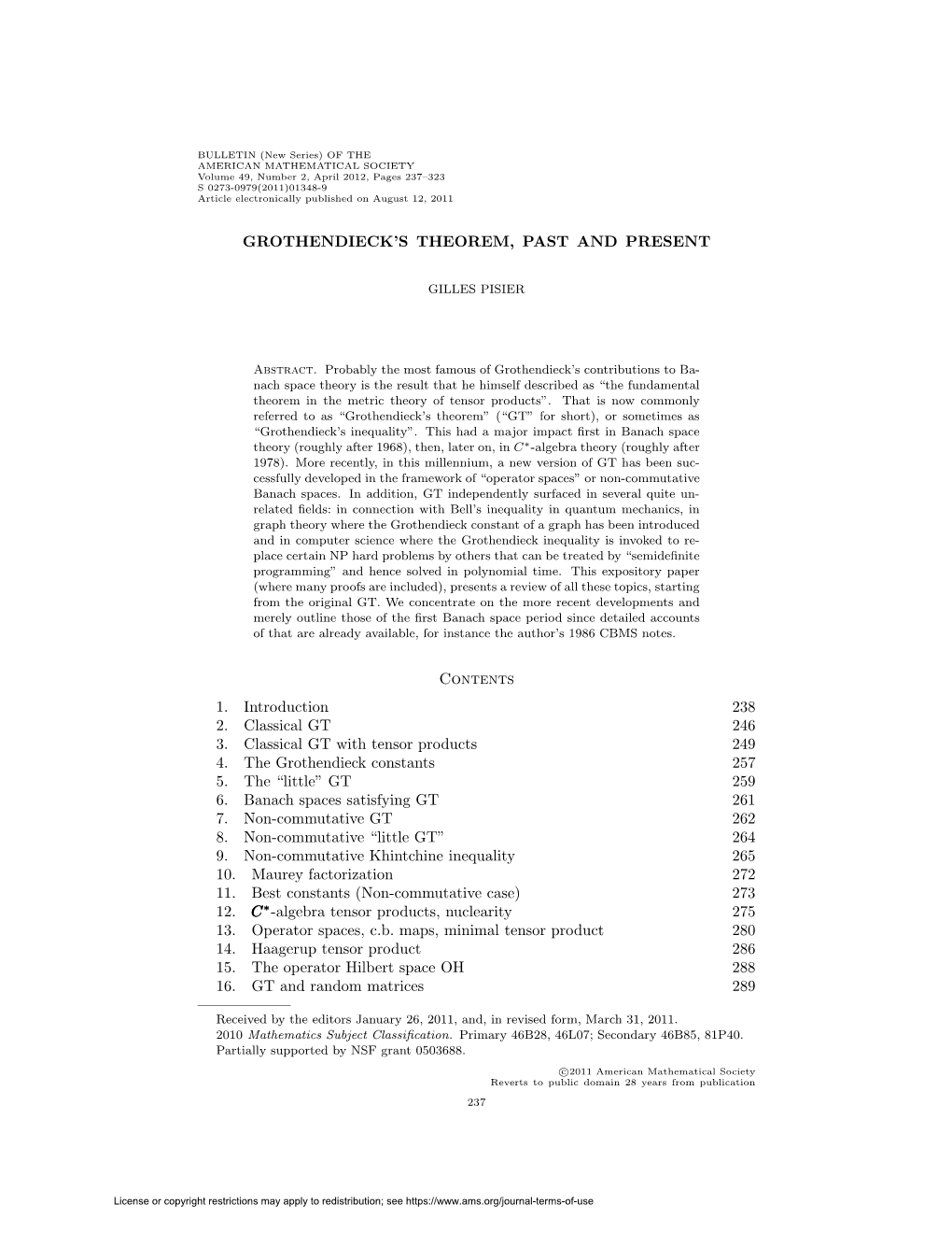 GROTHENDIECK's THEOREM, PAST and PRESENT Contents 1. Introduction 238 2. Classical GT 246 3. Classical GT with Tensor Products