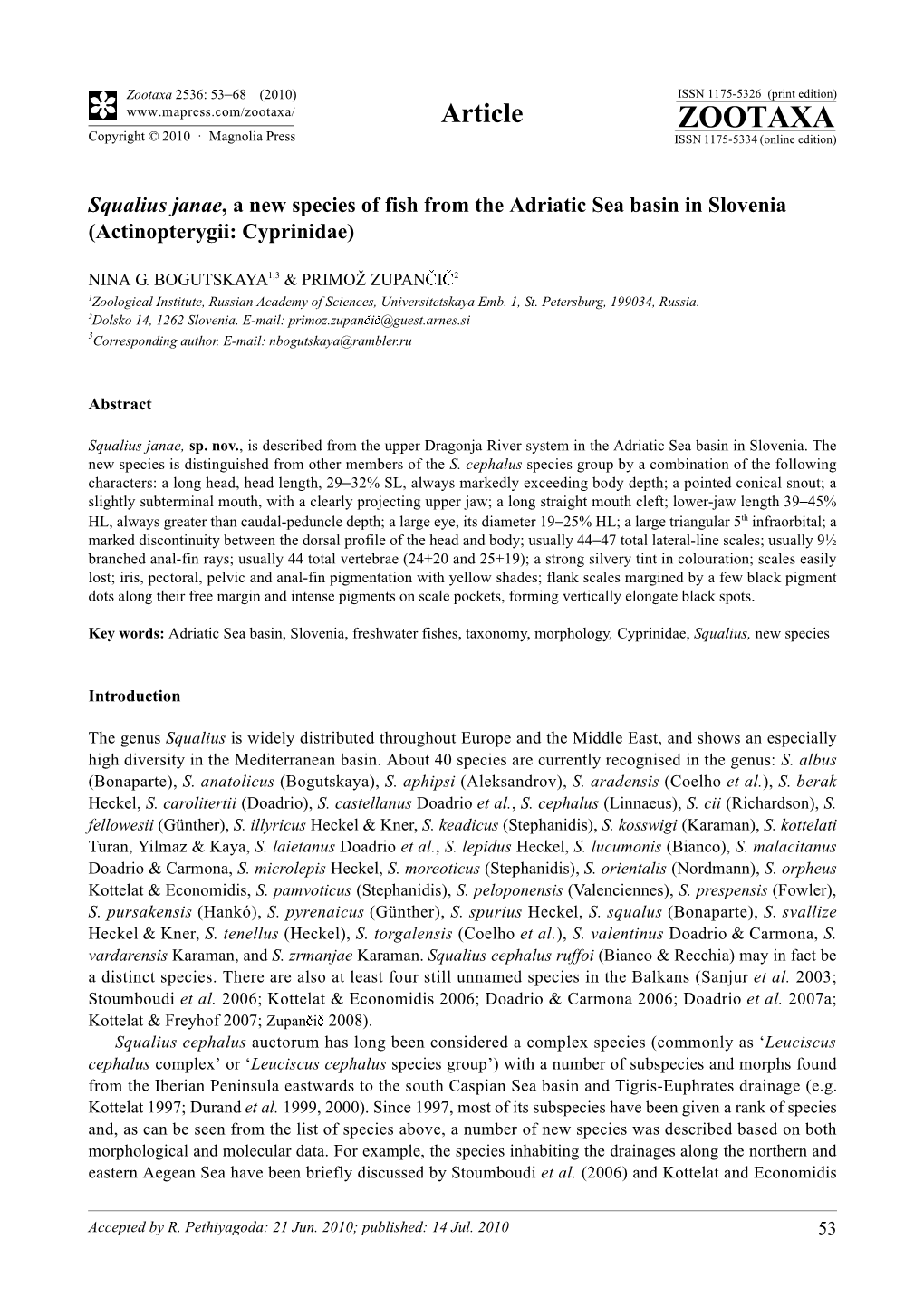 Zootaxa, Squalius Janae, a New Species of Fish from the Adriatic Sea