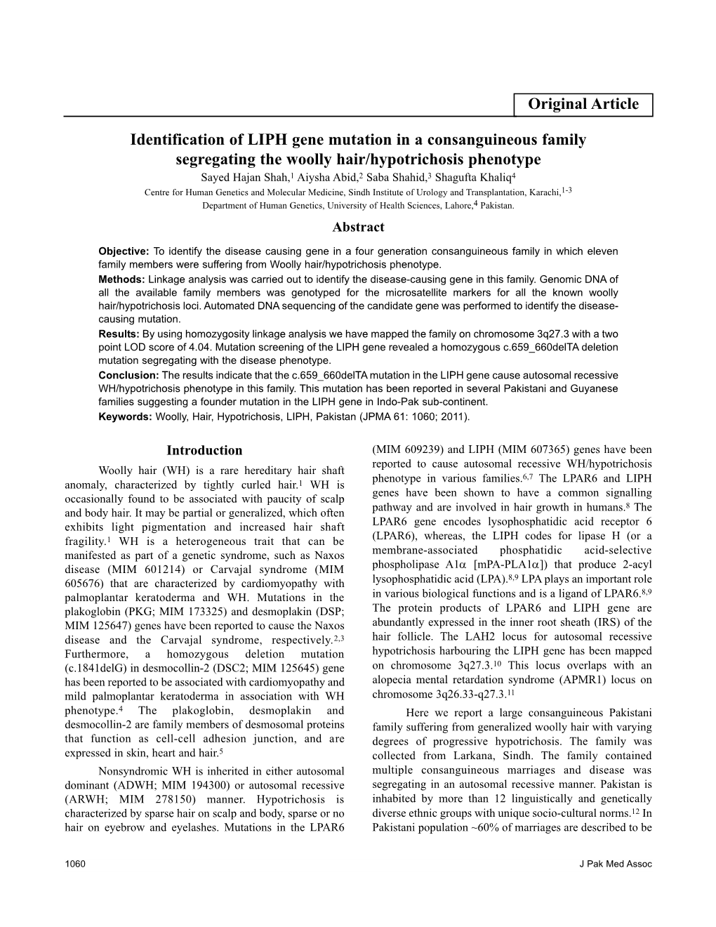 Identification of LIPH Gene Mutation in a Consanguineous Family