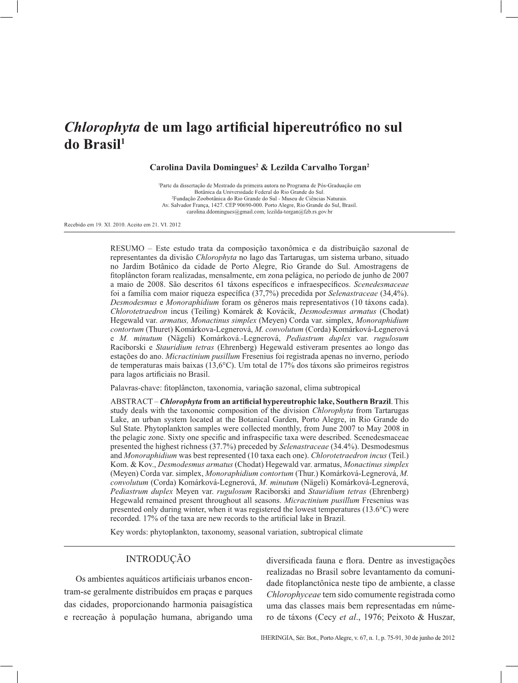 Chlorophyta De Um Lago Artificial Hipereutrófico No Sul Do Brasil1