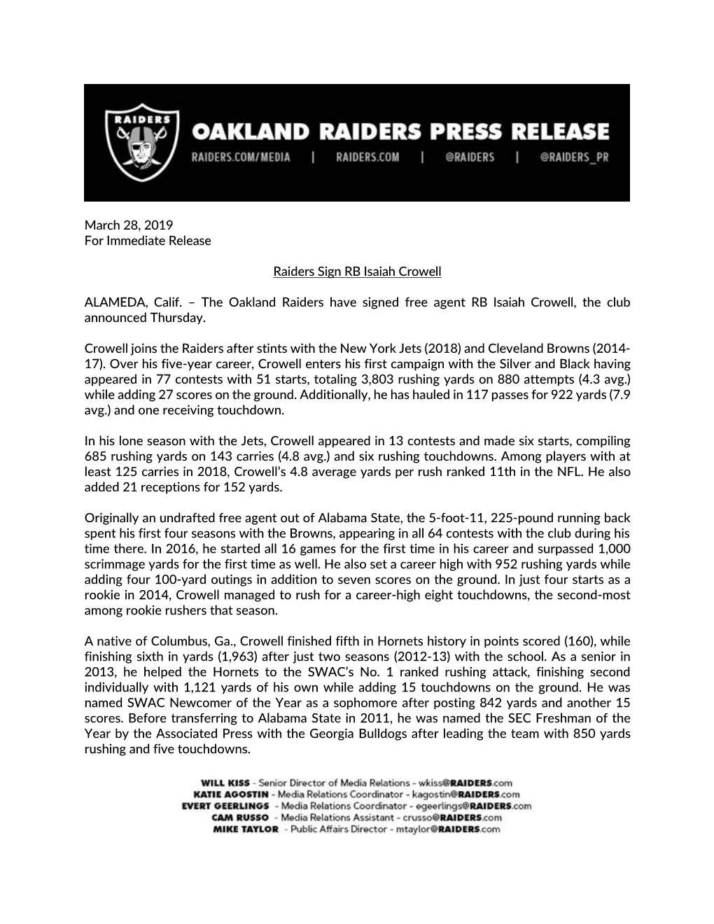 March 28, 2019 for Immediate Release Raiders Sign