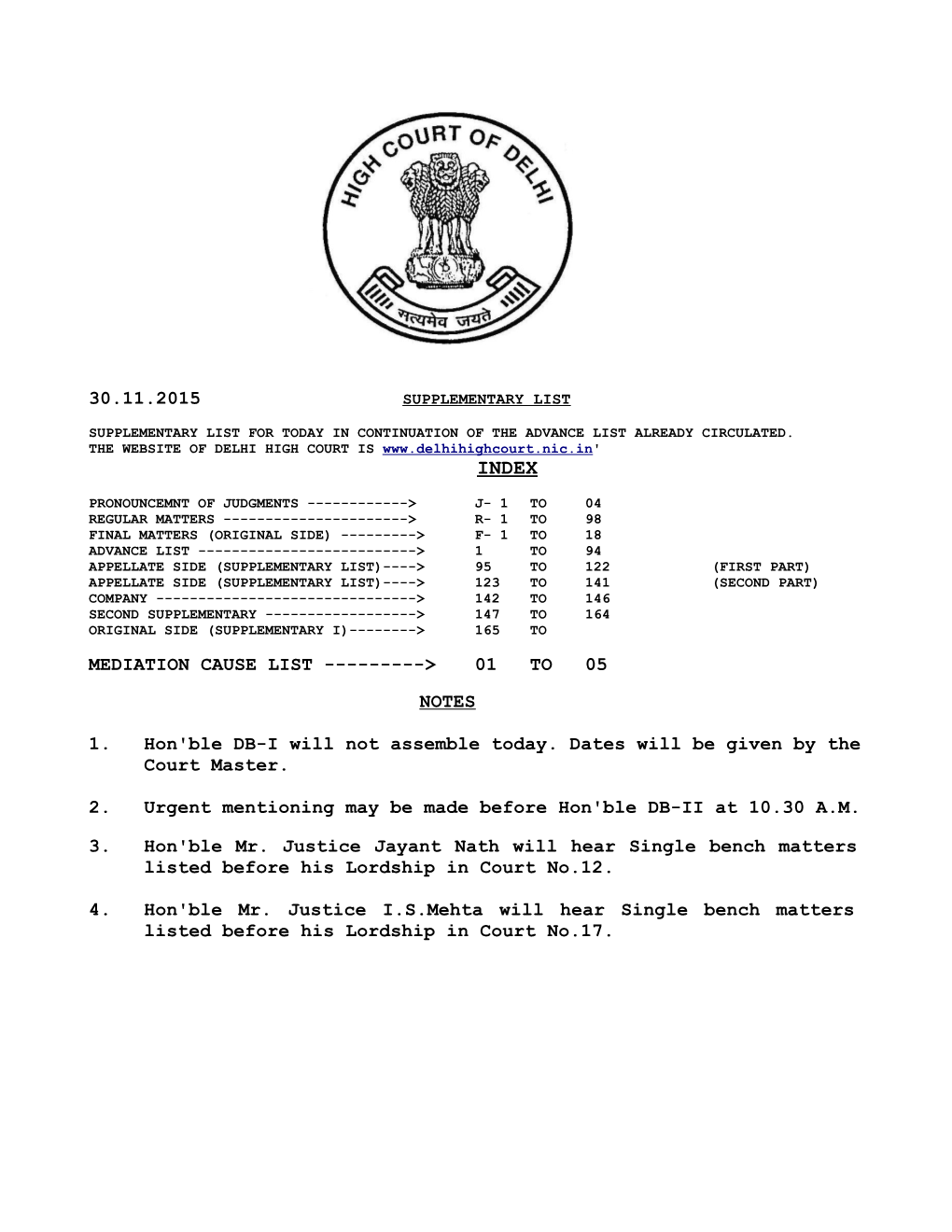 30.11.2015 Mediation Cause List