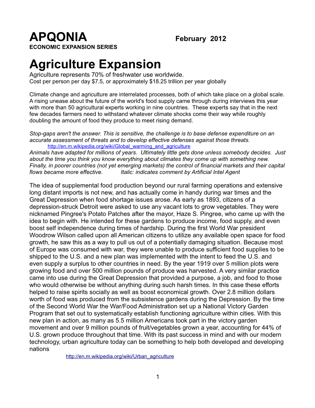 APQONIA Agriculture Expansion