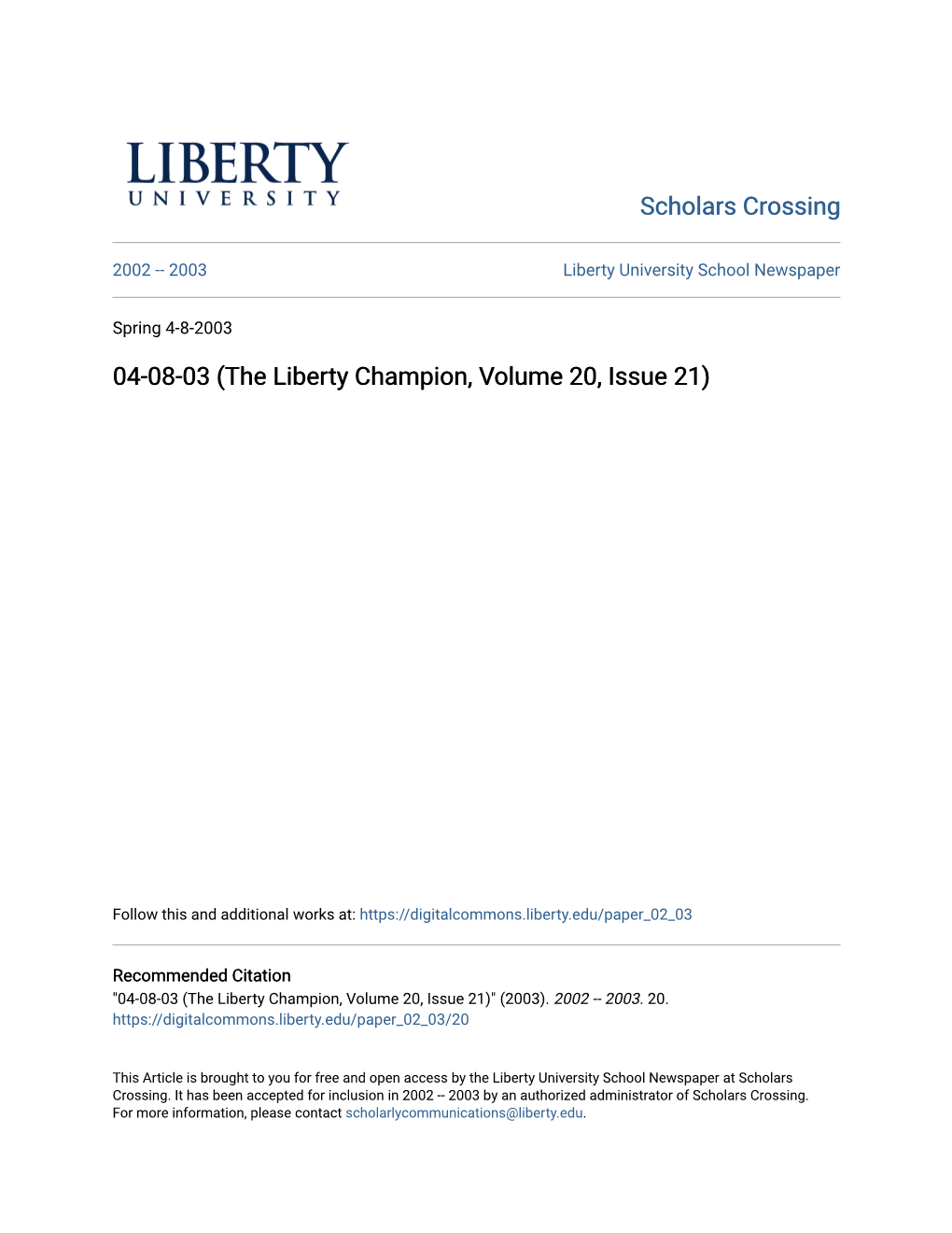 04-08-03 (The Liberty Champion, Volume 20, Issue 21)