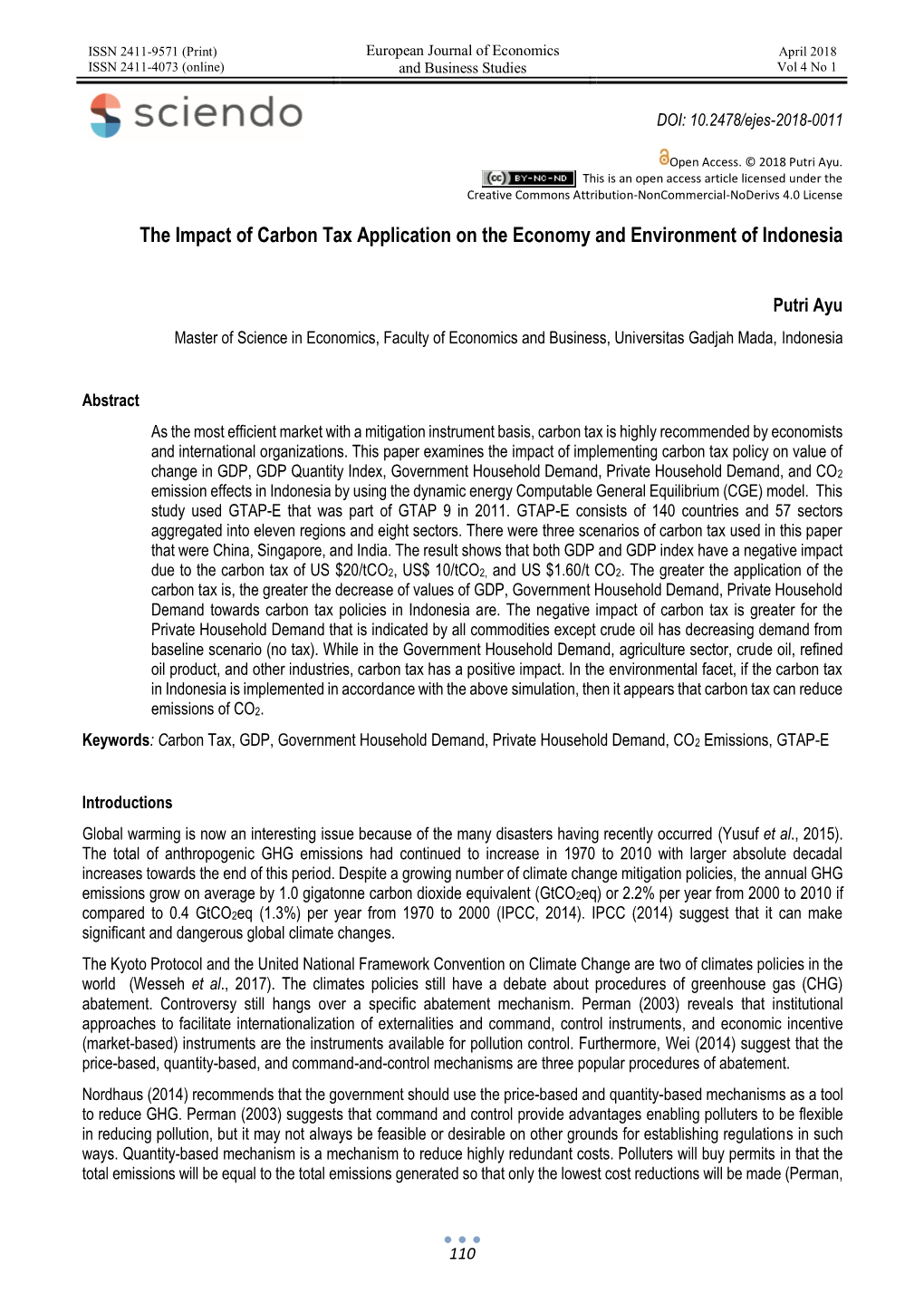 The Impact of Carbon Tax Application on the Economy and Environment of Indonesia