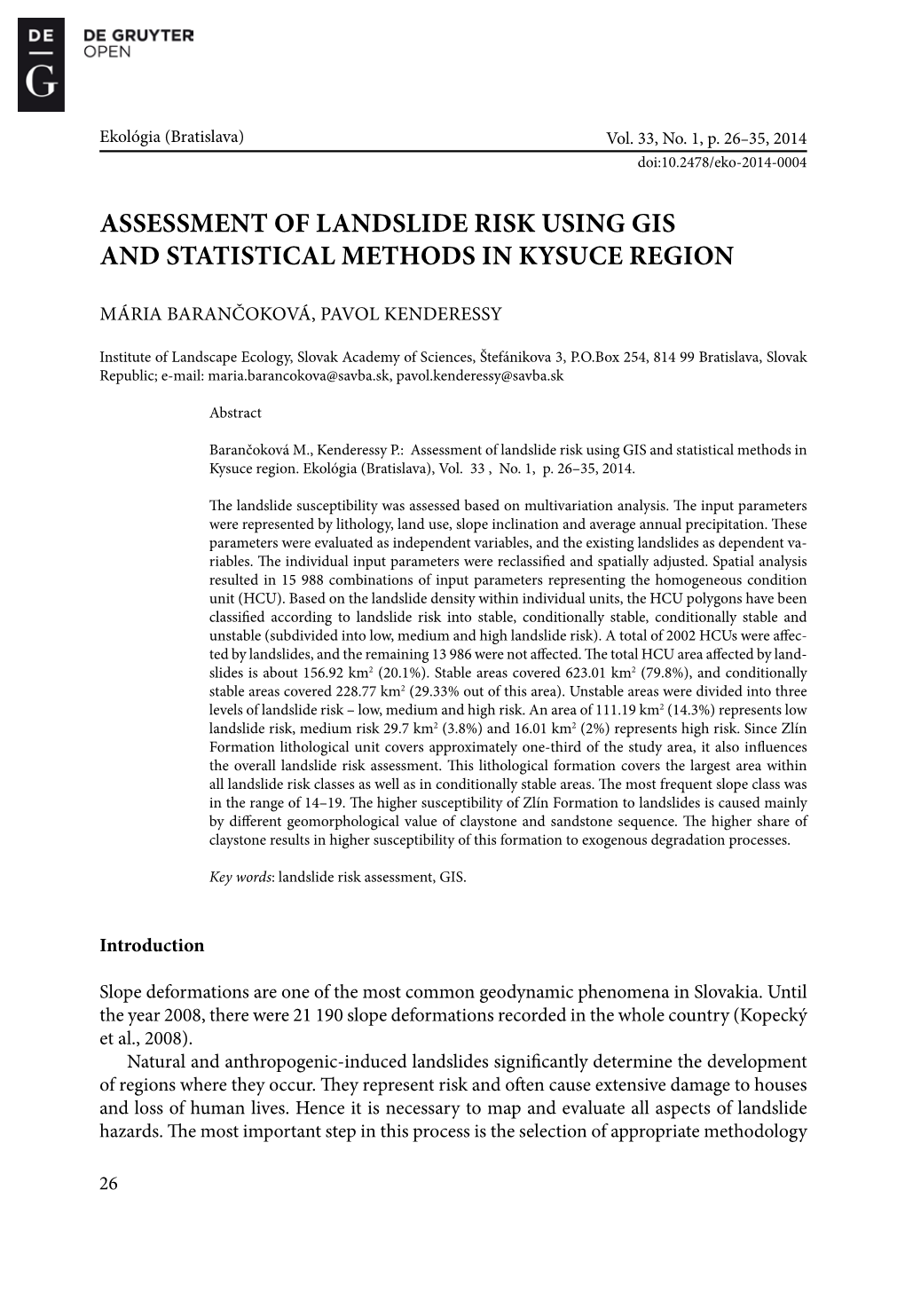 Assessment of Landslide Risk Using GIS and Statistical Methods in Kysuce Region