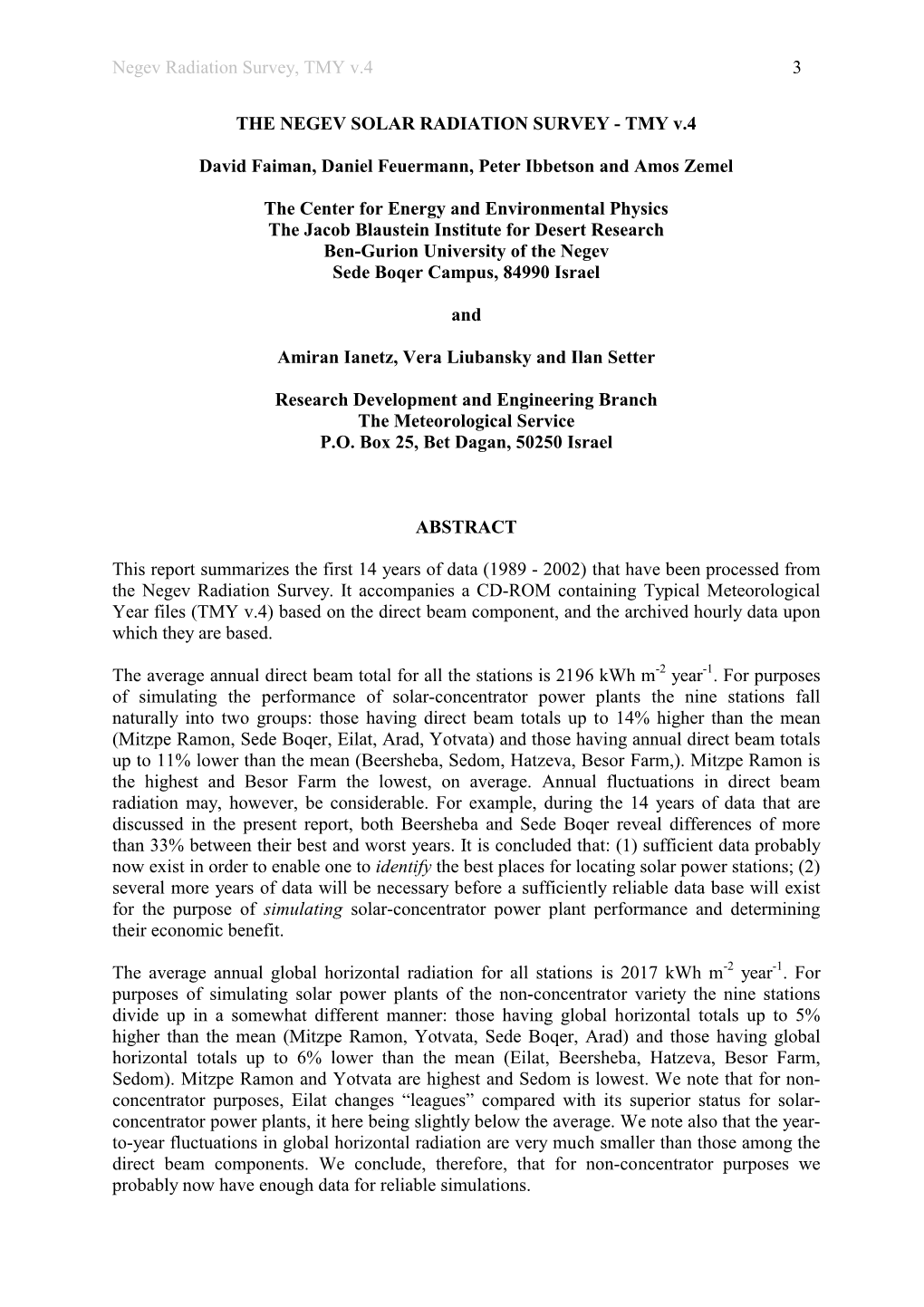 THE NEGEV SOLAR RADIATION SURVEY - TMY V.4