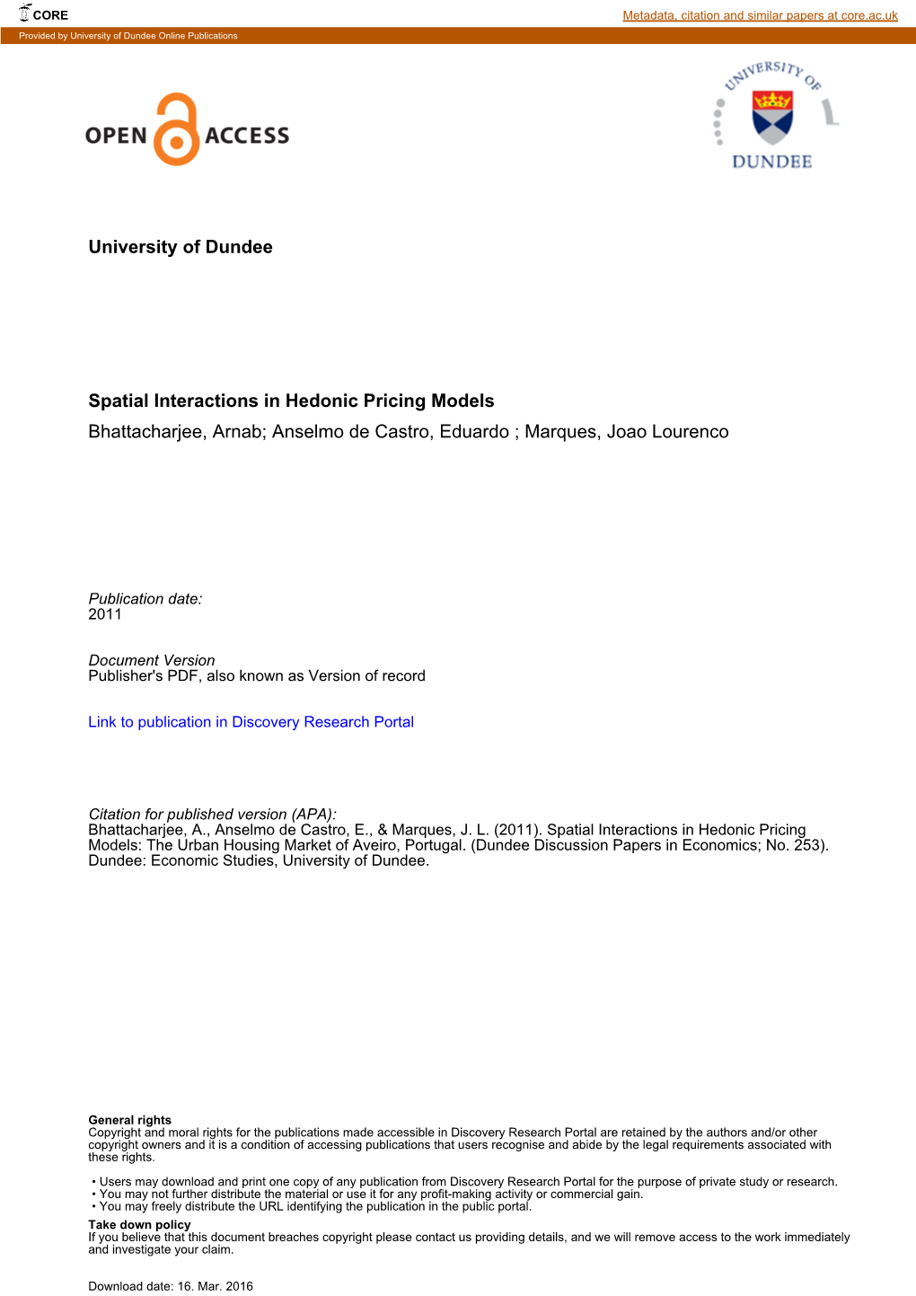 University of Dundee Spatial Interactions in Hedonic Pricing