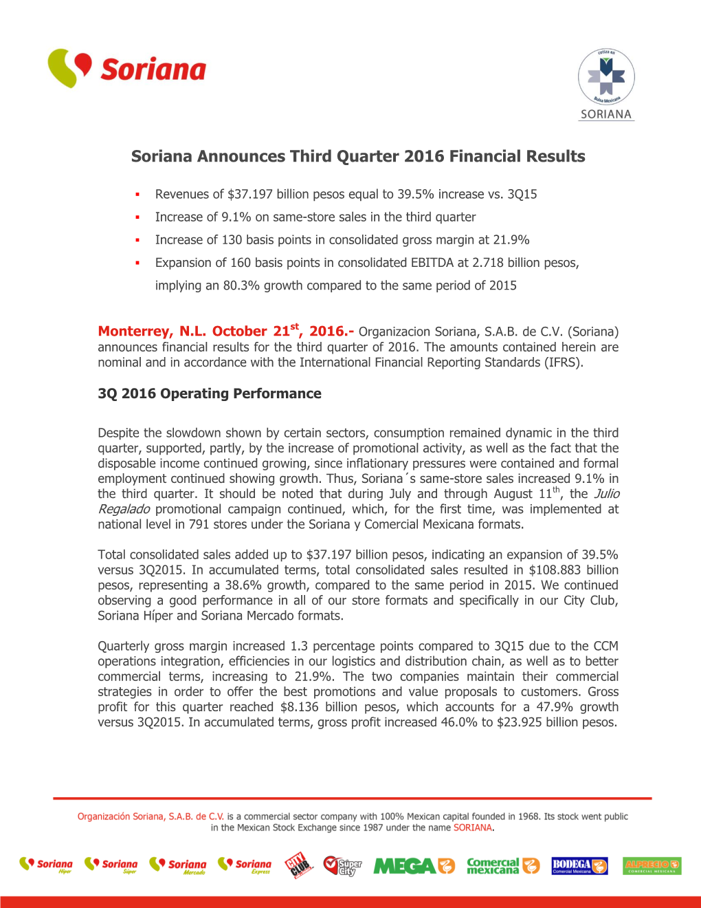 Soriana Announces Third Quarter 2016 Financial Results