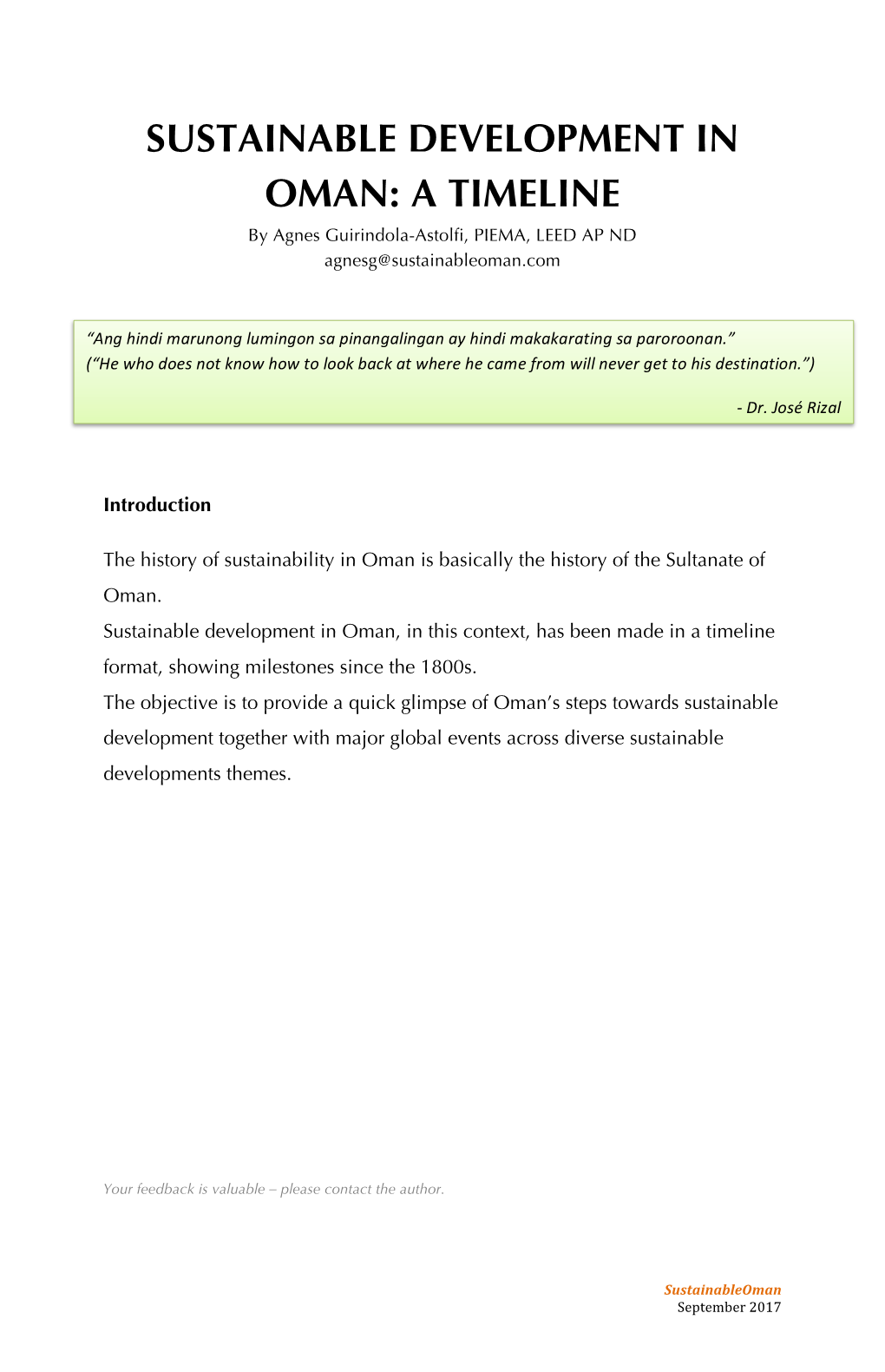 SUSTAINABLE DEVELOPMENT in OMAN: a TIMELINE by Agnes Guirindola-Astolfi, PIEMA, LEED AP ND Agnesg@Sustainableoman.Com