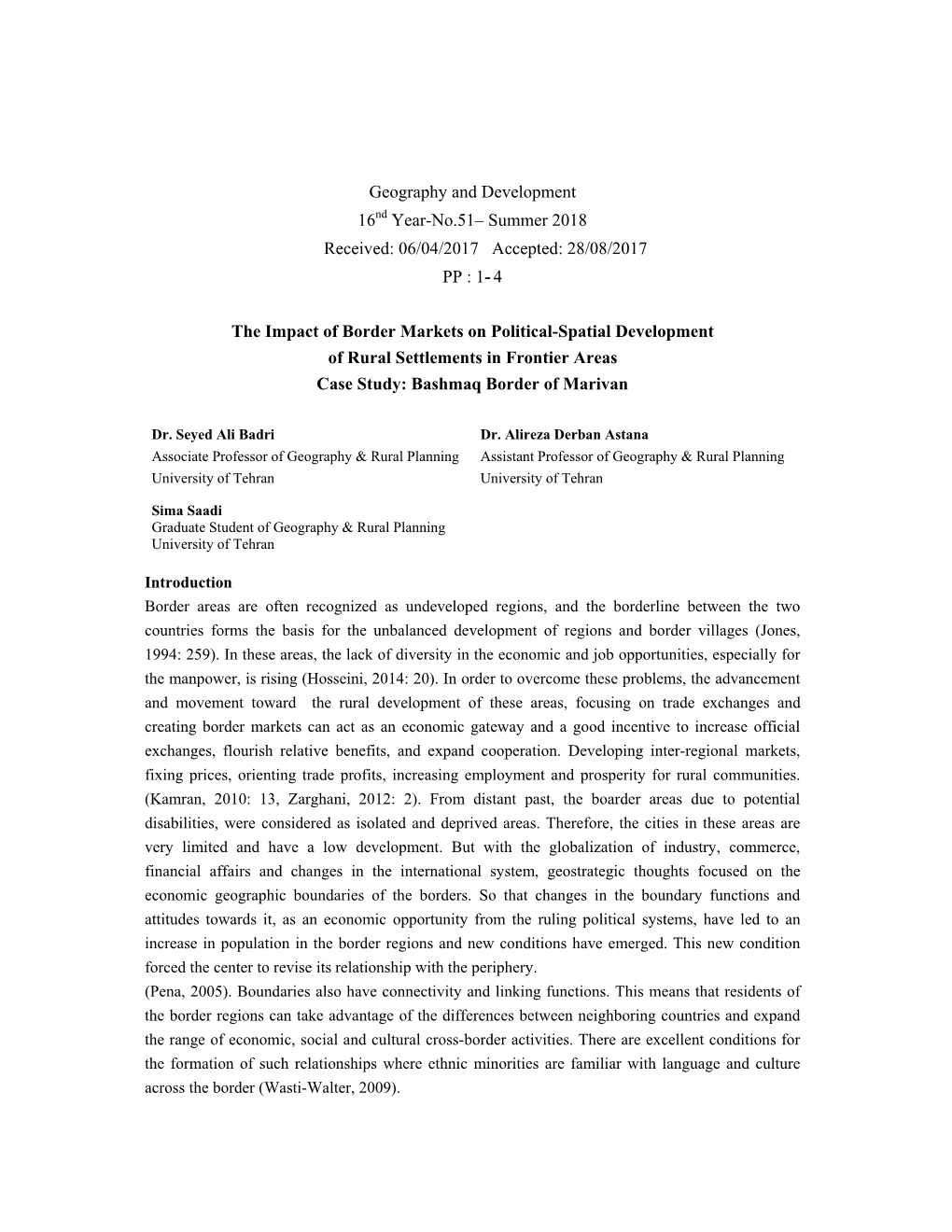 1 Geography and Development 16Nd Year-No.51– Summer 2018