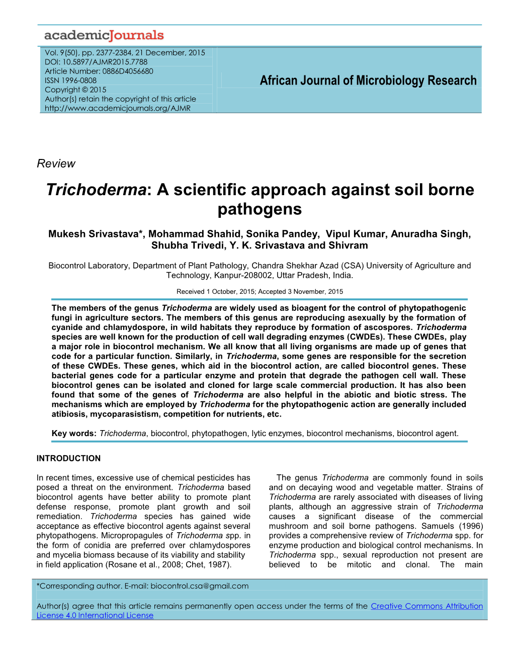 Trichoderma: a Scientific Approach Against Soil Borne Pathogens