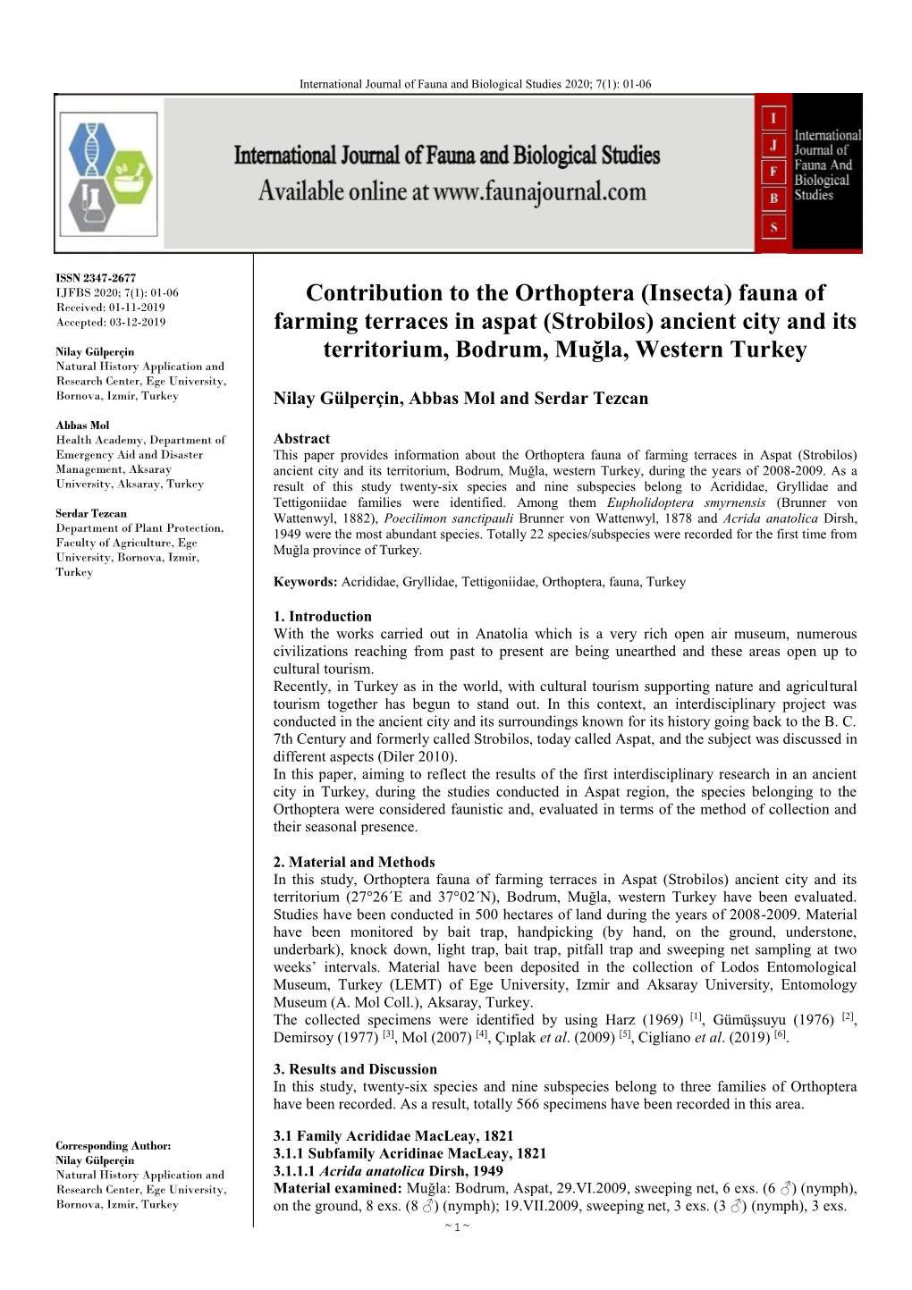 Contribution to the Orthoptera (Insecta) Fauna of Received: 01-11-2019 Accepted: 03-12-2019 Farming Terraces in Aspat (Strobilos) Ancient City and Its