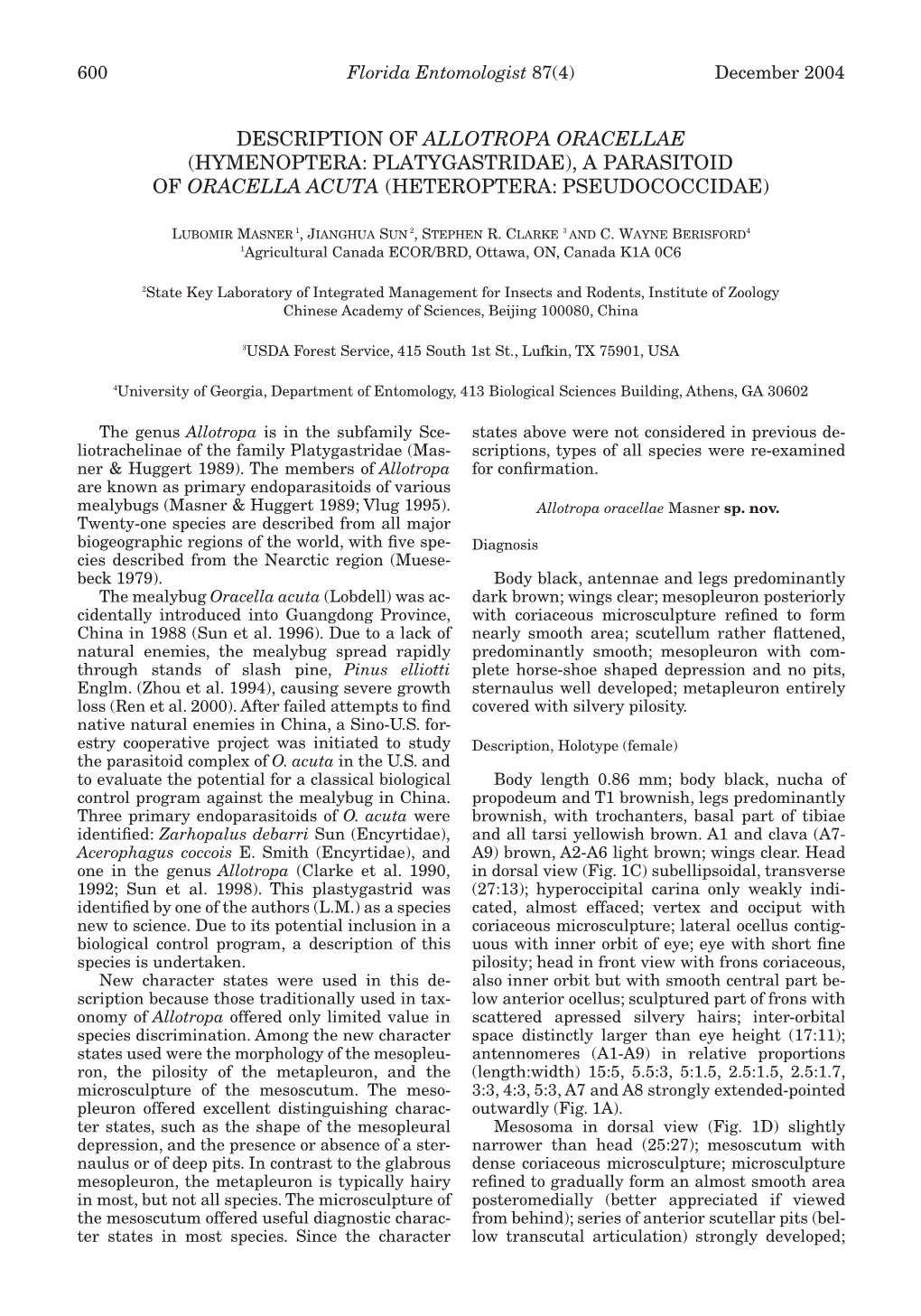 Description of Allotropa Oracellae (Hymenoptera: Platygastridae), a Parasitoid of Oracella Acuta (Heteroptera: Pseudococcidae)