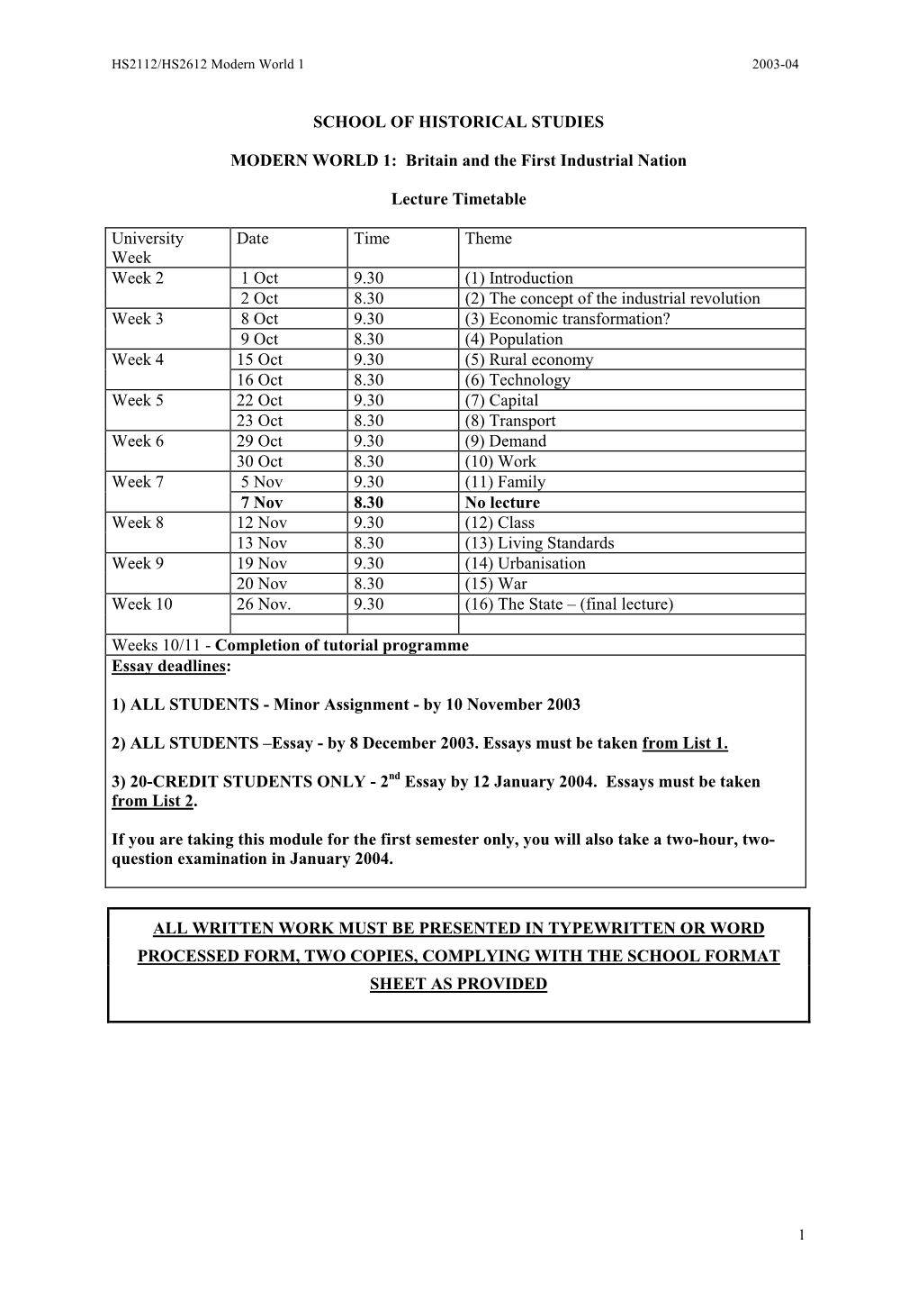 Britain and the First Industrial Nation Lecture Timetable University Week