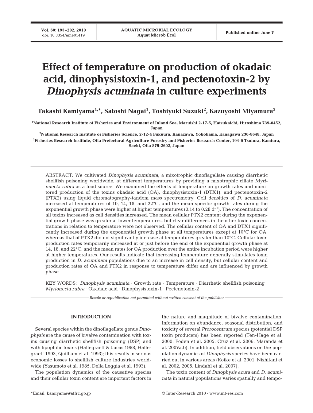 Effect of Temperature on Production of Okadaic Acid, Dinophysistoxin-1, and Pectenotoxin-2 by Dinophysis Acuminata in Culture Experiments