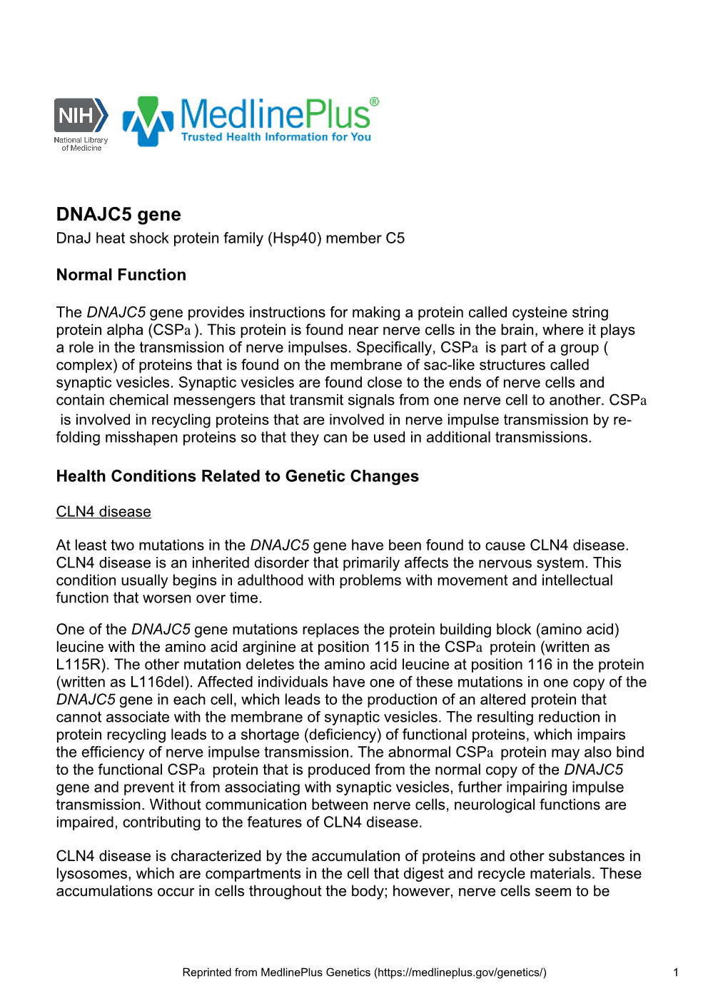 DNAJC5 Gene Dnaj Heat Shock Protein Family (Hsp40) Member C5