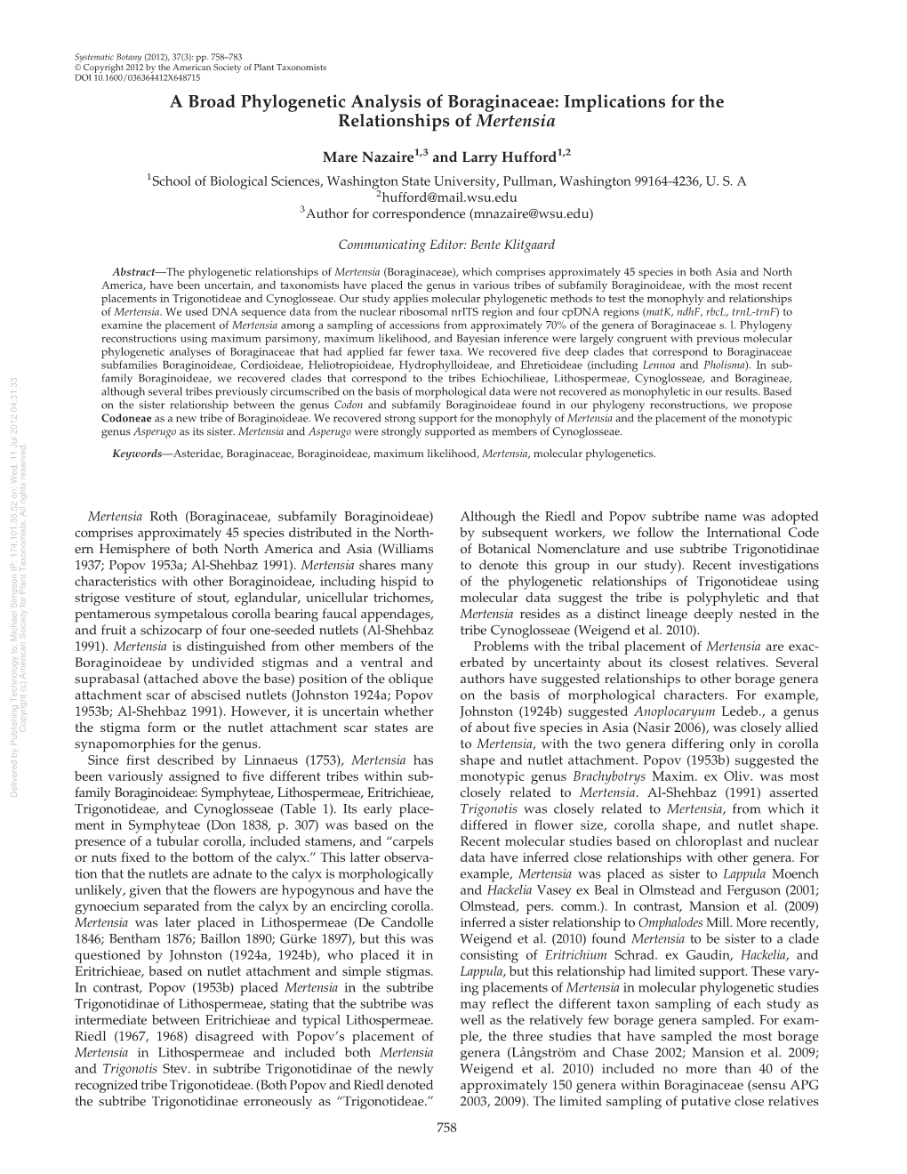 A Broad Phylogenetic Analysis of Boraginaceae