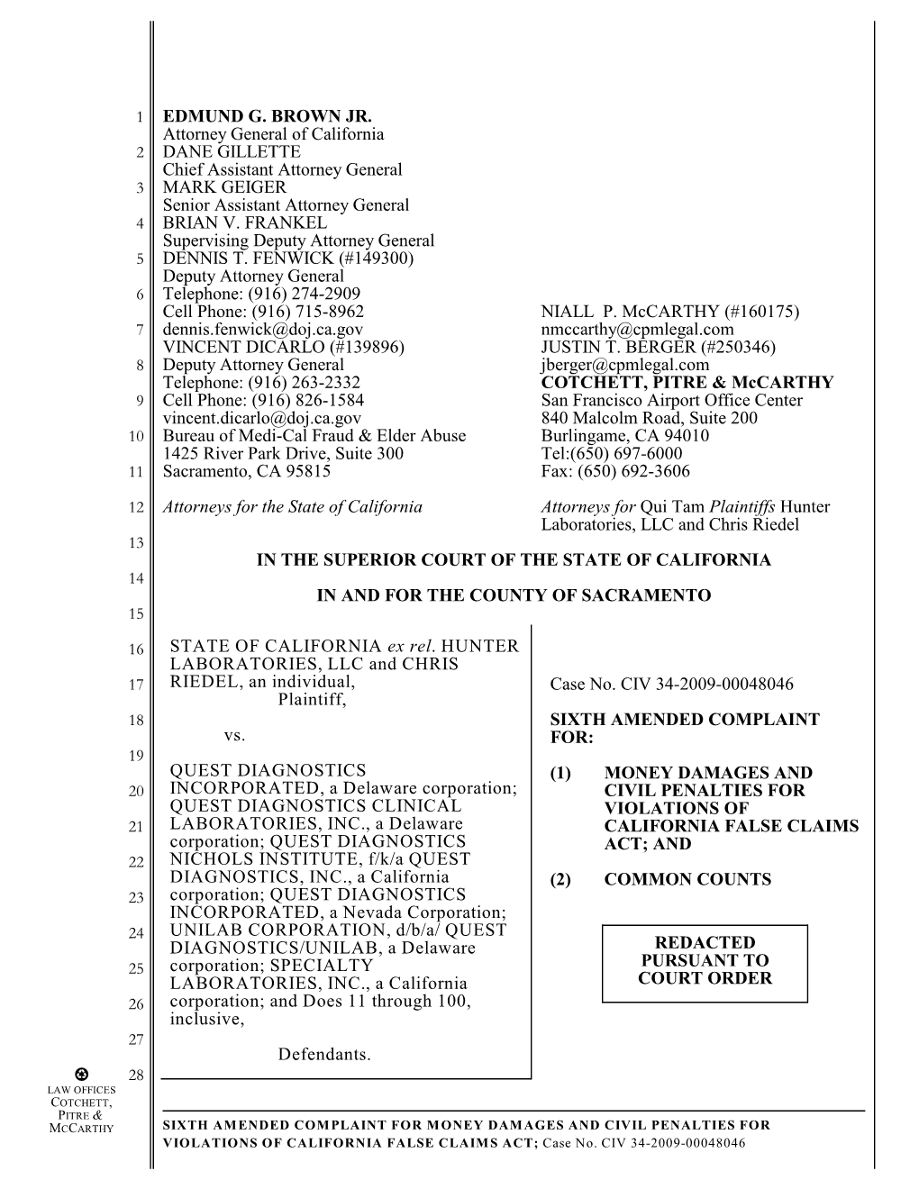 V STATE of CALIFORNIA Ex Rel. HUNTER LABORATORIES, LLC