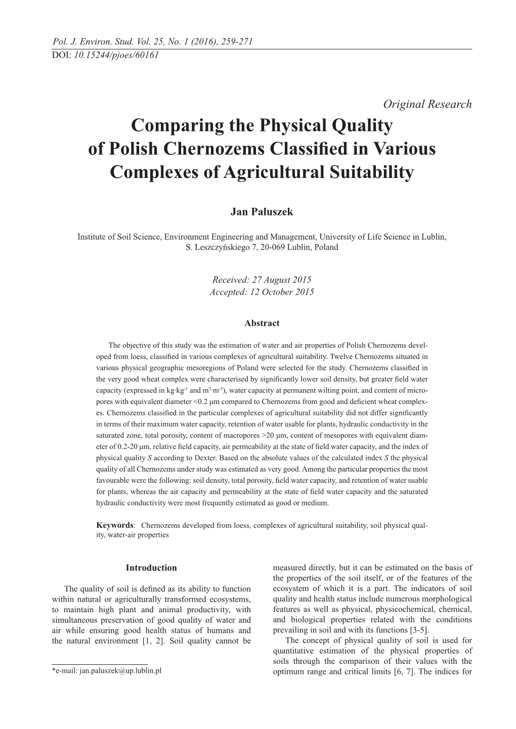 Comparing the Physical Quality of Polish Chernozems Classified in Various Complexes of Agricultural Suitability