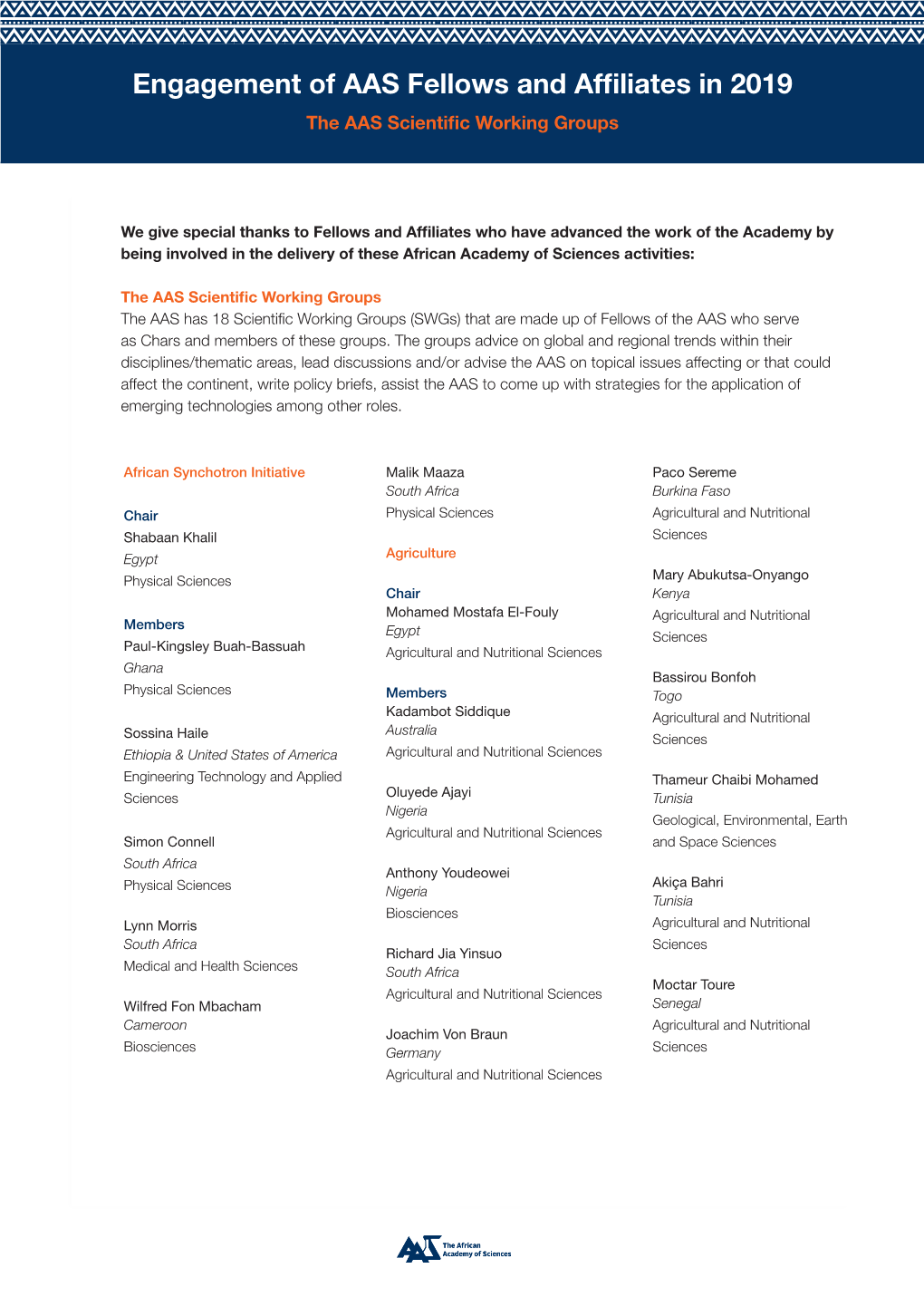 Engagement of AAS Fellows and Affiliates in 2019 the AAS Scientific Working Groups