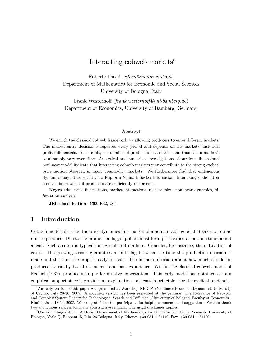 Interacting Cobweb Markets∗