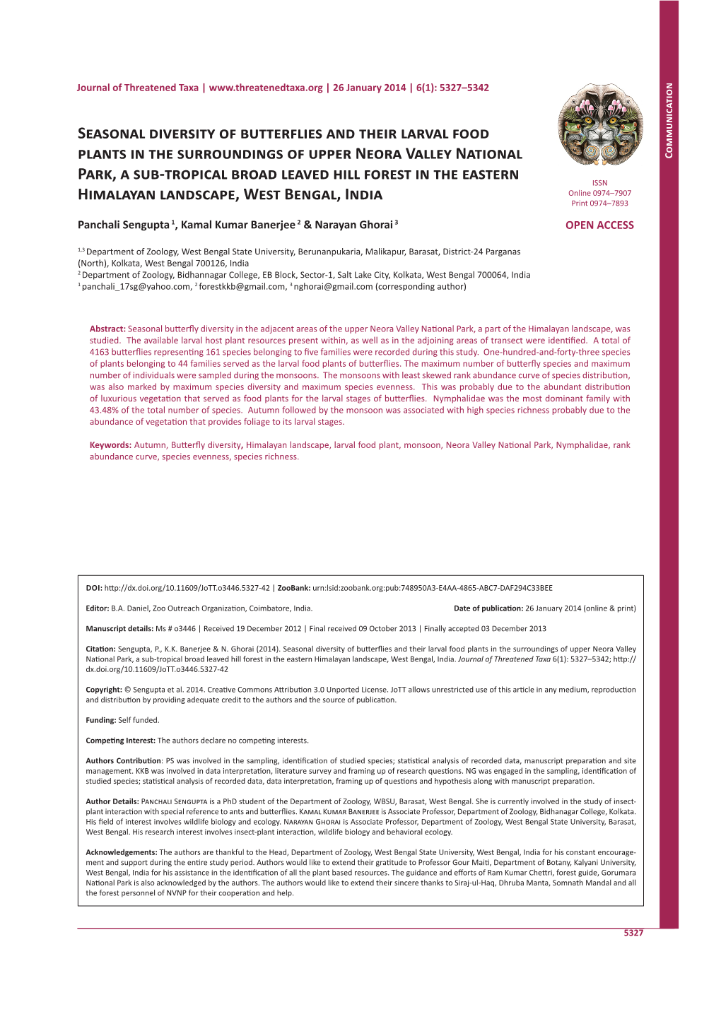 Seasonal Diversity of Butterflies and Their Larval Food Plants in the Surroundings of Upper Neora Valley National Communication